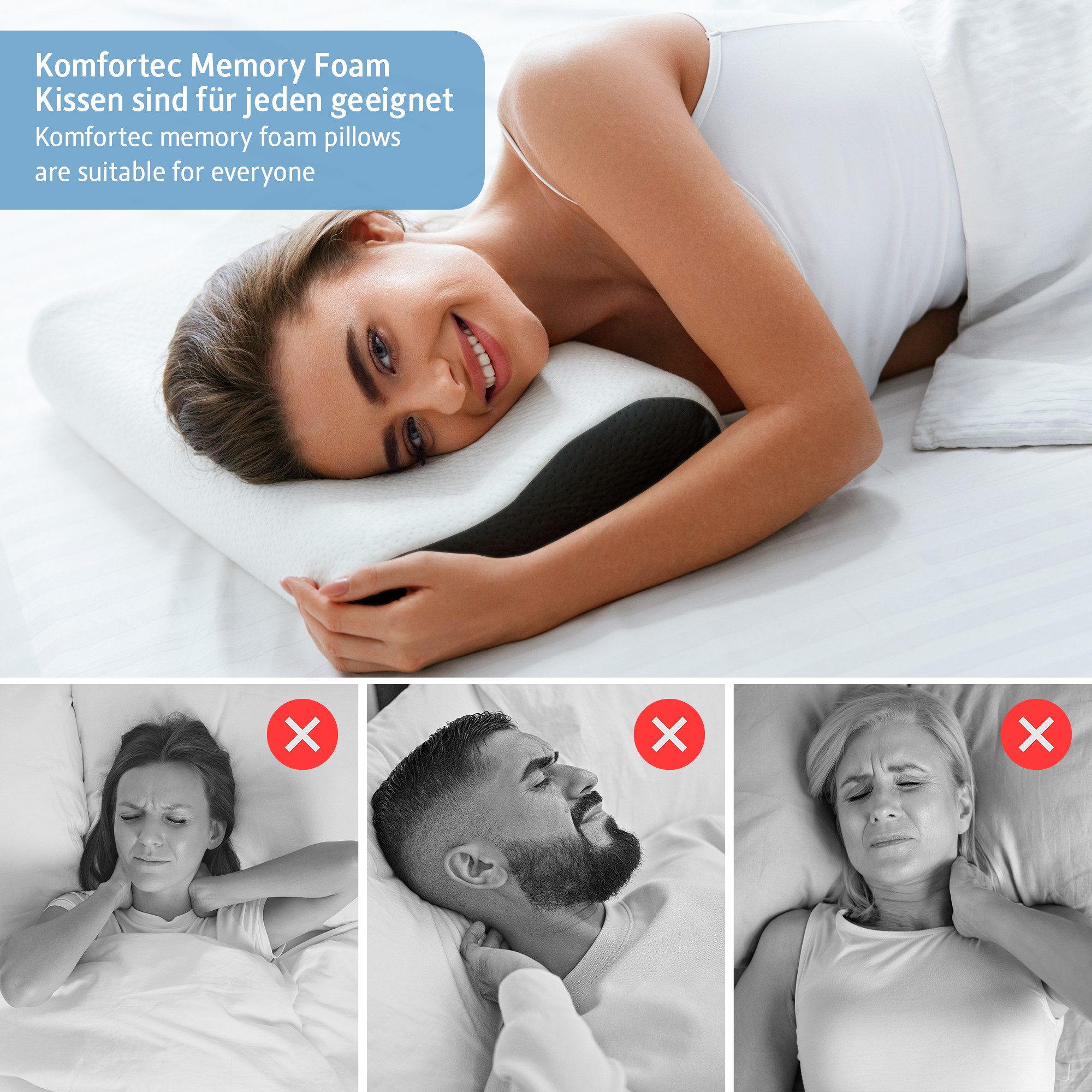 Komfortec Nackenstützkissen aus Memory Foam, Orthopädisches Kopfkissen, Füllung: 100% Visco-Memory Schaum, Seitenschläfer, Rückenschläfer, Bauchschläfer, Kopfki – Bild 5 von 5
