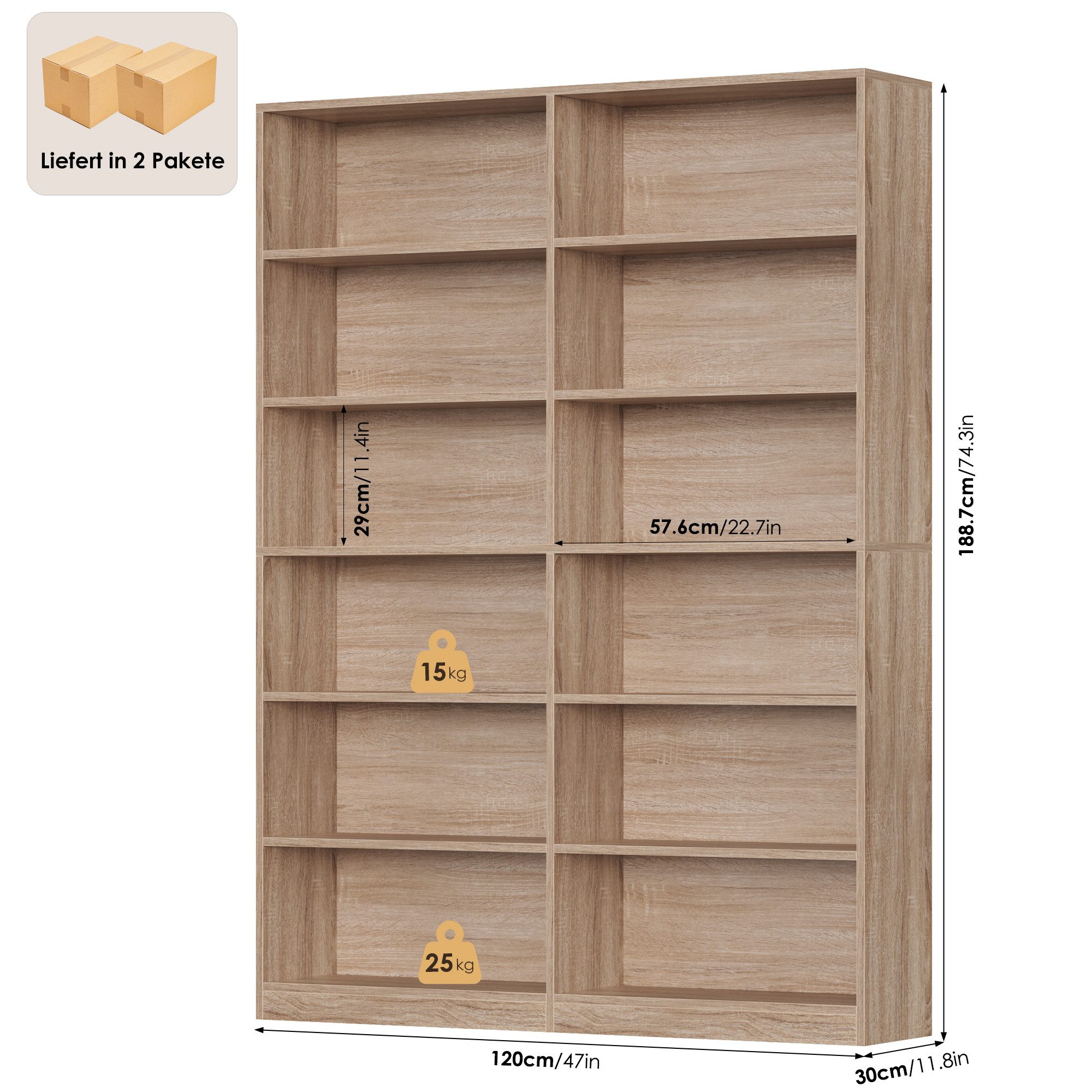 Homfa Bücherregal 188,7cm Standregal Büroregal Raumteiler, mit 12 Fächern, Holz, 120x30x188,7cm