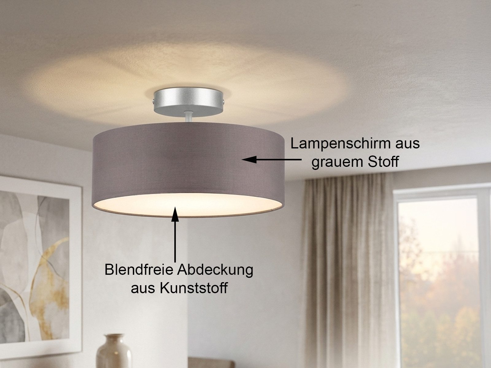 meineWunschleuchte Deckenleuchte mit Stoff Lampenschirm Grau Braun Ø 30cm, ohne Leuchtmittel, kleine Stoff-Lampe, gemütliche Deckenlampe, E14 Schlafzimmerlampe