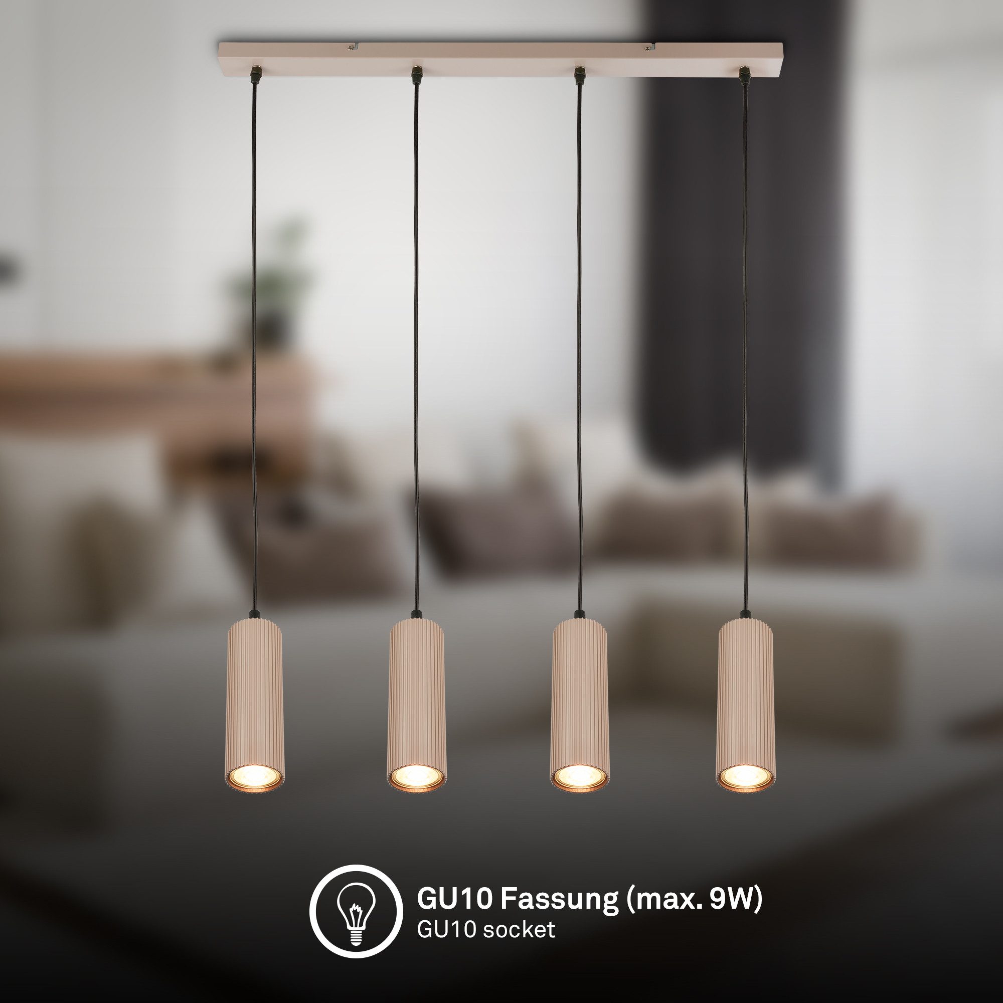 Briloner Leuchten LED Pendelleuchte Hängelampe Höhenverstellbar GU10 Riffle-Optik, 4-Flammig, ohne Leuchtmittel, Abhängig vom Leuchtmittel, 20x120 cm, Esszimmer, Esstisch, Wohnzimmer