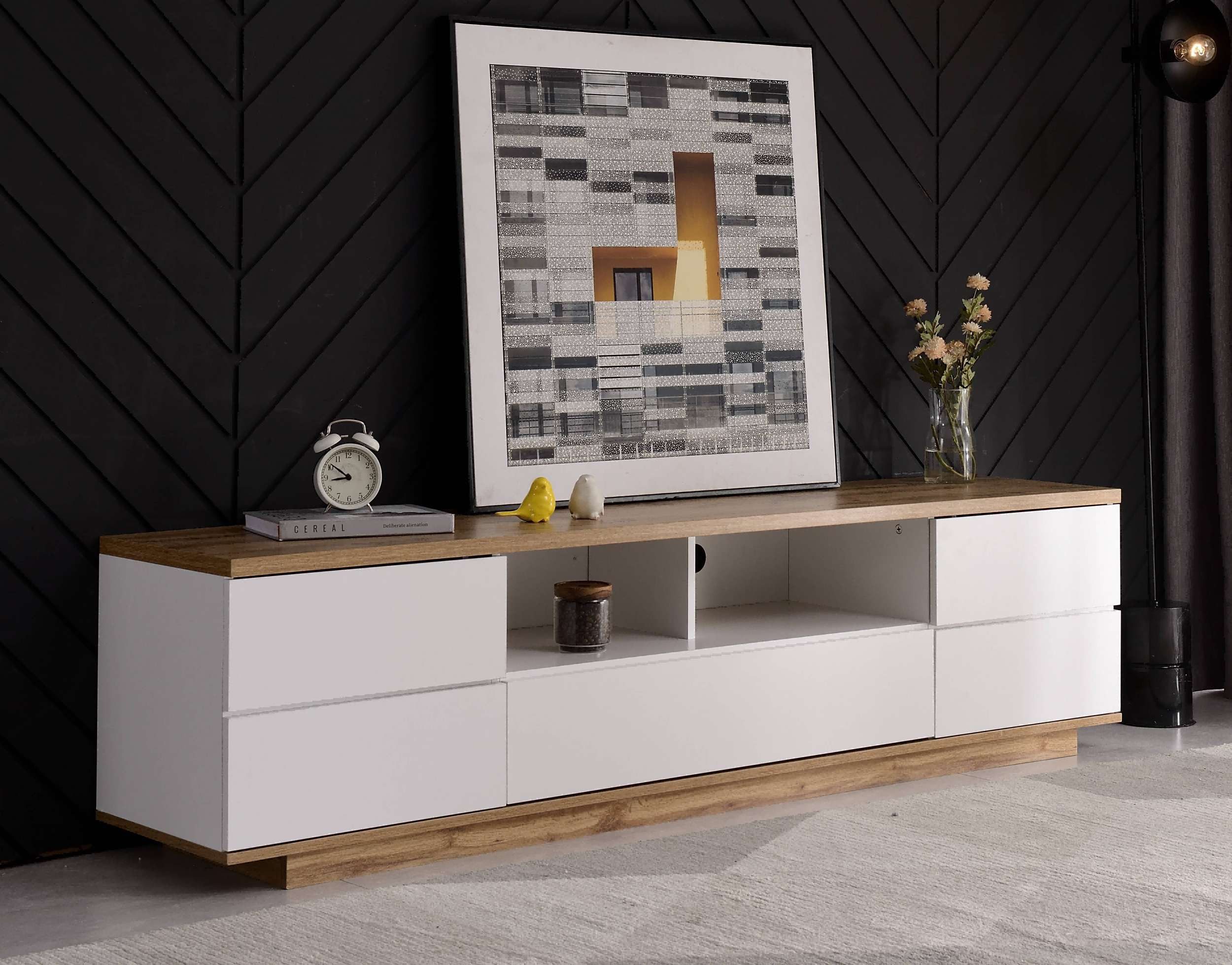 BBWL TV-Brücke Moderner TV-Schrank 180 cm in Weiß & Holzoptik, mit Gitterfronten (5 Türen & 2 offenen Fächern, MDF, Kabeldurchlass & Stauraum für Media-Geräte, belastbar bis 50 kg)