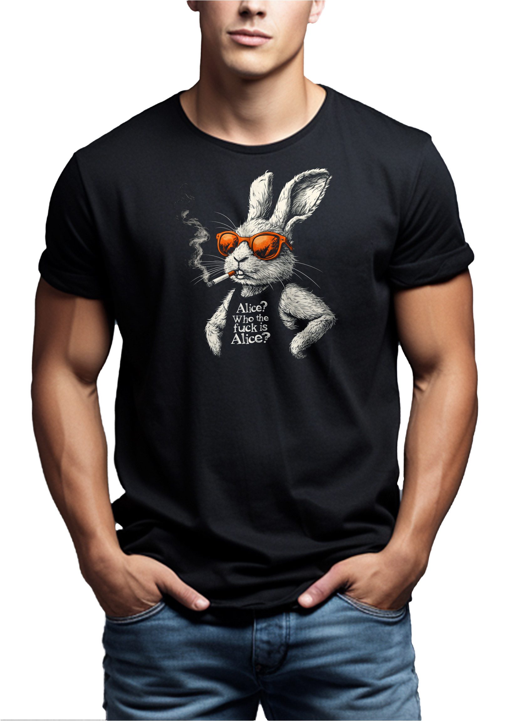 MAKAYA T-Shirt Witziges Männershirt mit Aufdruck – Who is Alice? Geschenkidee (Schwarz, Blau, Grün, Grau, Blaugrau, S, M, L, XL, XXL, XXXL, XXXXL, XXXXXL) Baumwolle
