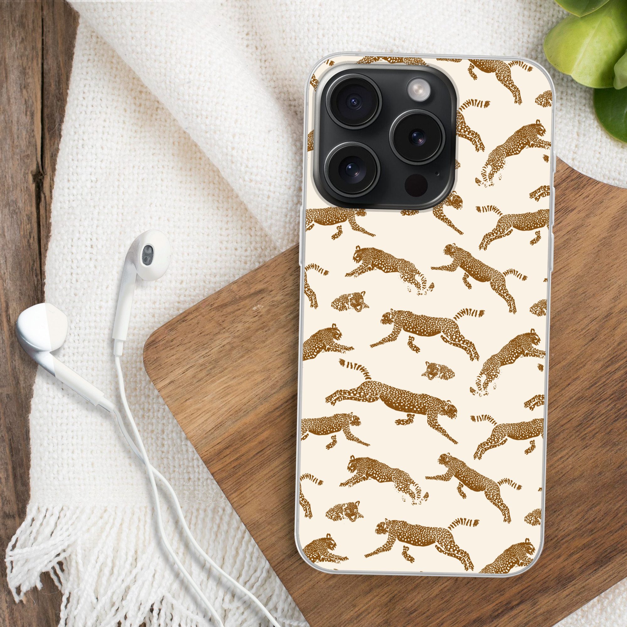 MuchoWow Handyhülle für Apple iPhone 15 Pro Panther - Tiere - Beige - Braun - Muster, Smartphone-Bumper, Print, Handy Schutzhülle Dünn