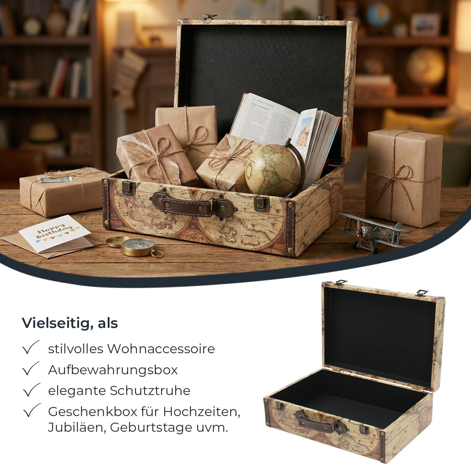 HMF Aufbewahrungsbox Handgefertigter Vintage Koffer aus Holz, Deko Koffer, Geschenkkoffer im Weltkarten Design, 38 x 26 x 13 cm