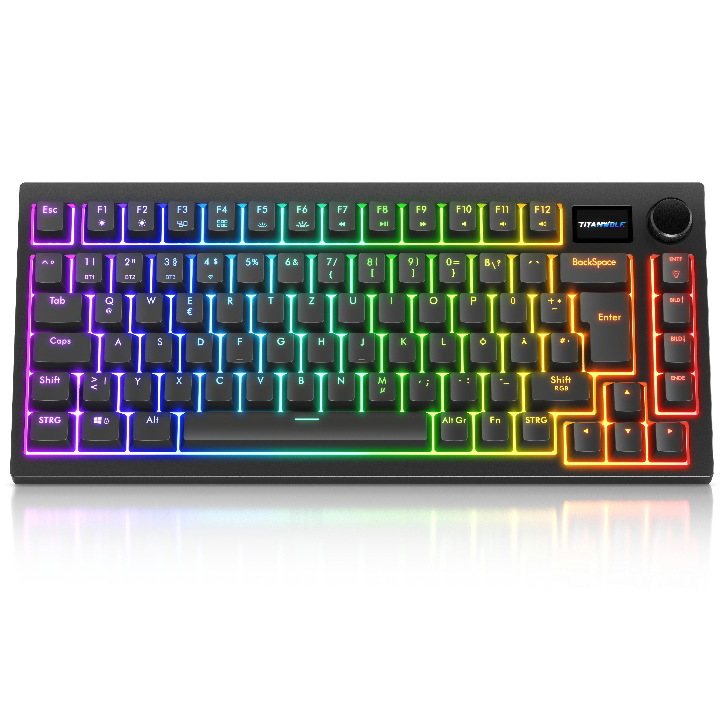 Titanwolf ALPHA Gaming Tastatur TKL, 82 Tasten mechanisch, TFT-Display, RGB Gaming-Tastatur (BT 2,4 GHz, Hot-Swap-Switches, Gasket Mount, 4000 mAh Akku, Drehregler)