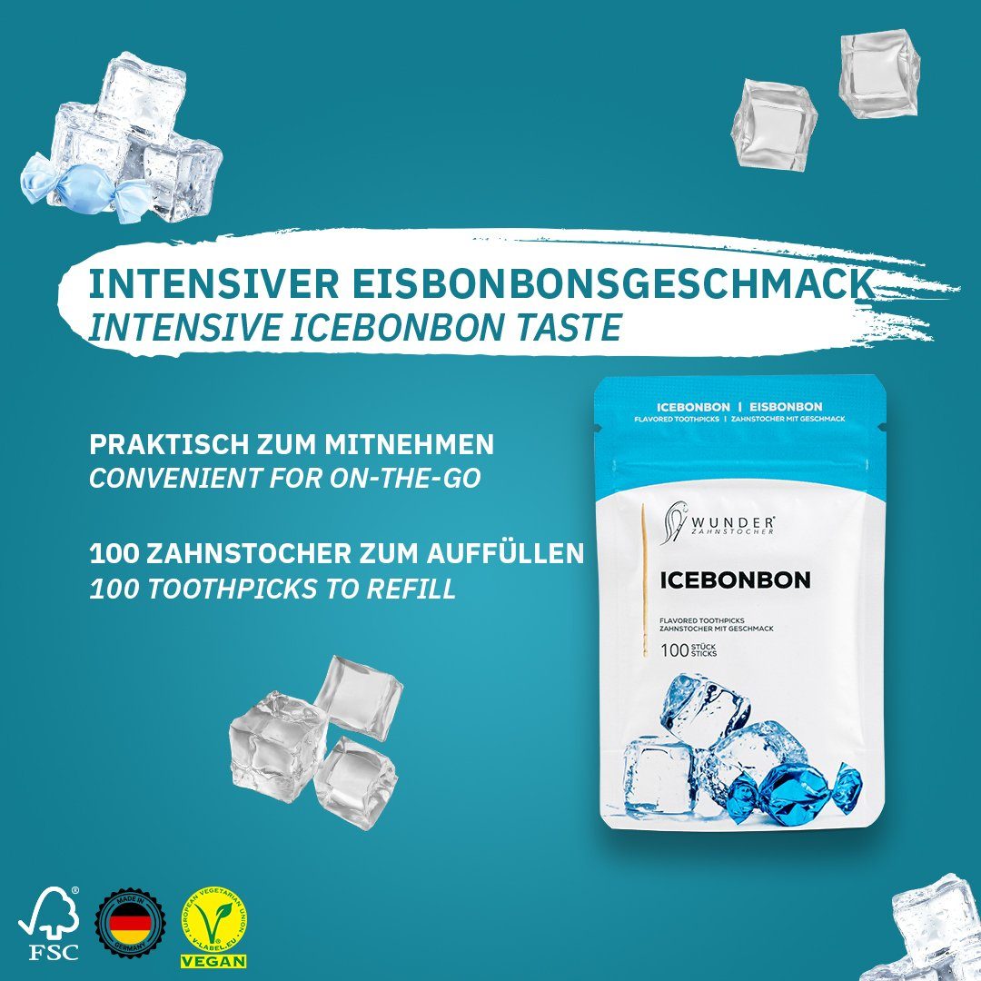 Wunder Zahnstocher Mundpflegecenter mit Geschmack Eisbonbon - 100er Refillpack im Nachfüllbeutel, frischer Atem - Alternative zu Kaugummi - Zuckerfrei & kalorienfrei