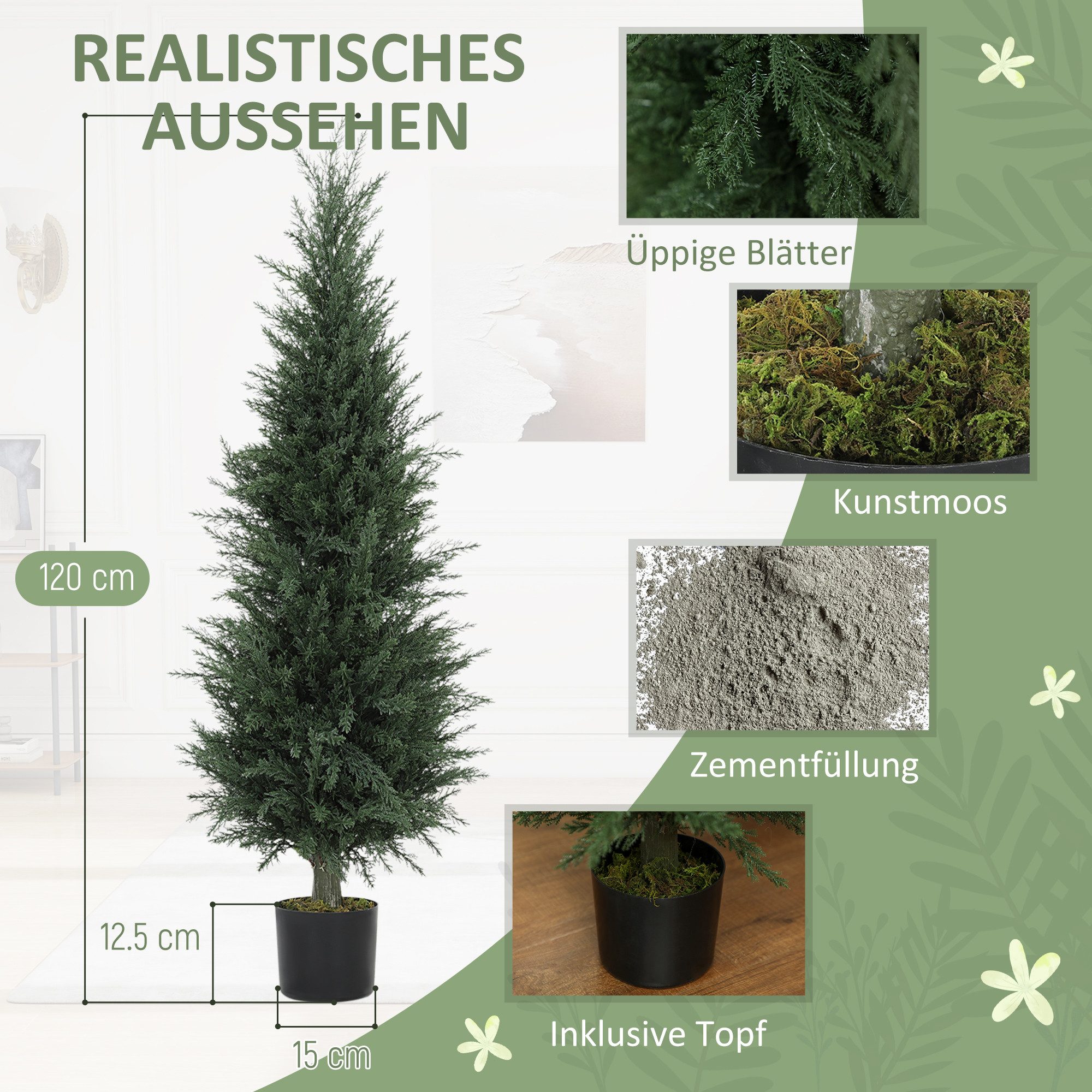 Kunstpflanze Künstliche Pflanzen, Kunstbaum mit Moos, UV-Schutz Zypresse, HOMCOM, Höhe 120 cm, Deko für Wohnzimmer Schlafzimmer Büro Balkon – Bild 4 von 5