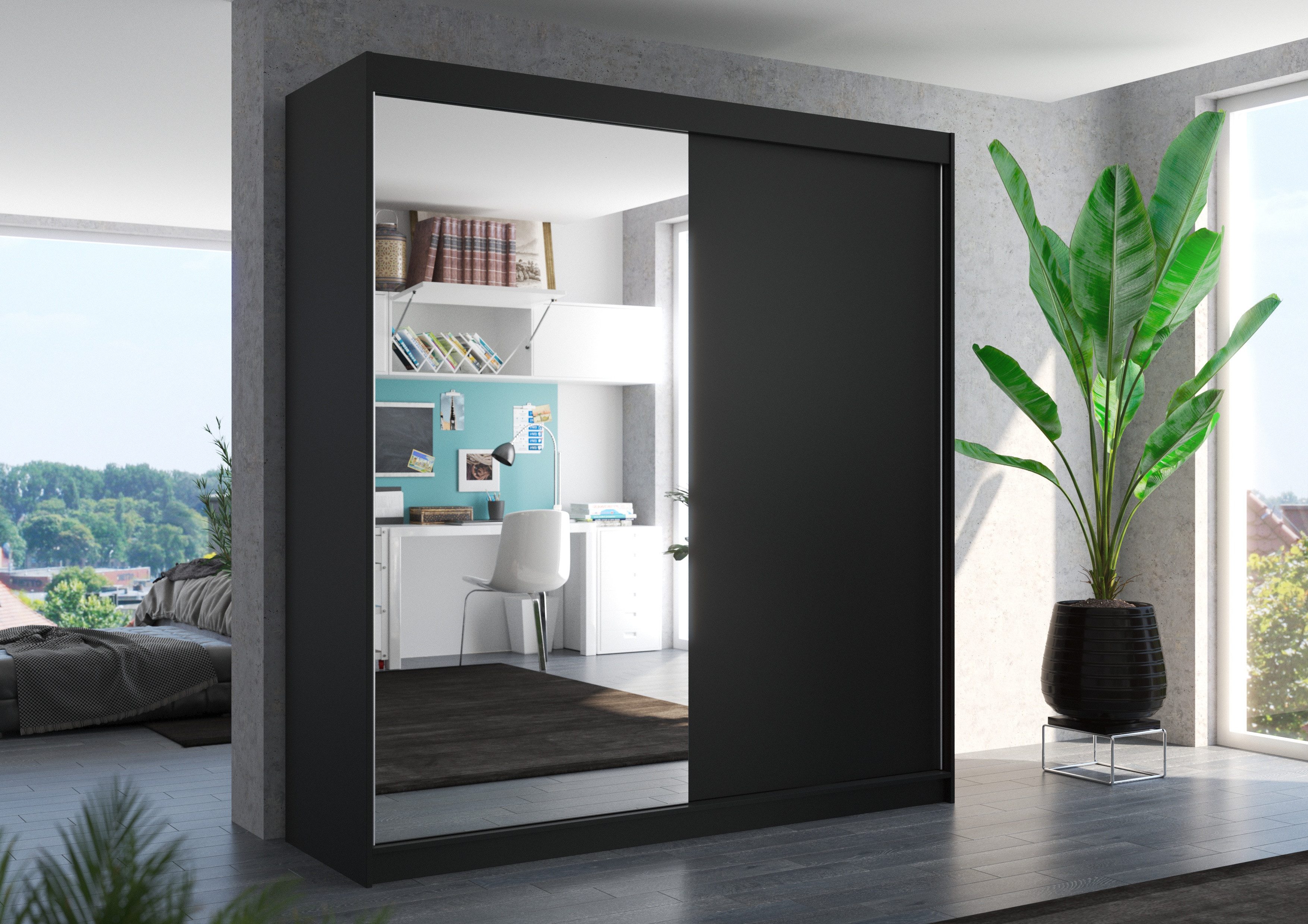 MOEBLO Schiebetürenschrank Arvello (mit Spiegel – Laminierte Spanplatte,11 Einlegeböden, Aluminiumführung, Schwebetürenschrank 2-türig Schrank Garderobe Schiebtüren Schlafzimmer) (BxHxT): 200 x 215 x 58 cm