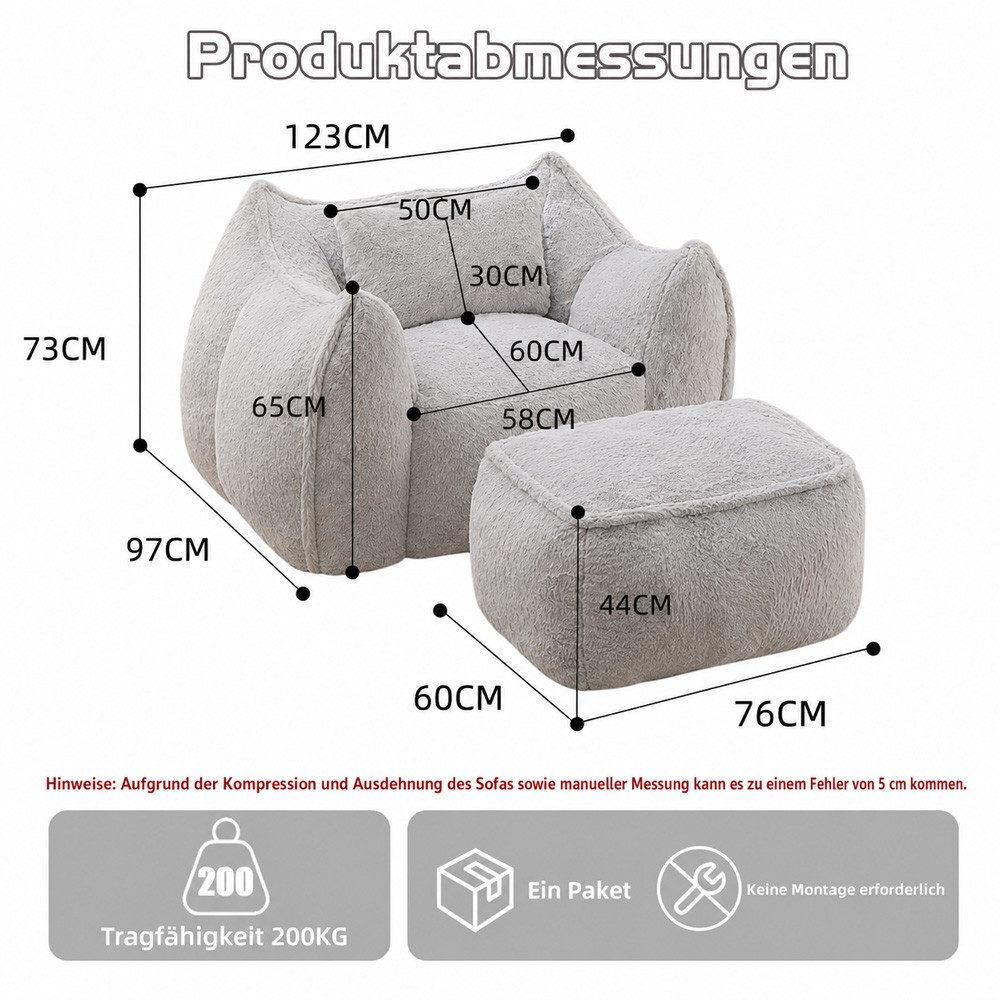 Leawin Relaxliege Sofas Wohnzimmer Loungesessel mit Hocker aus Kunstfell, Weicher Bean Bag Sessel mit Fußhocker und Schaumstofffüllung
