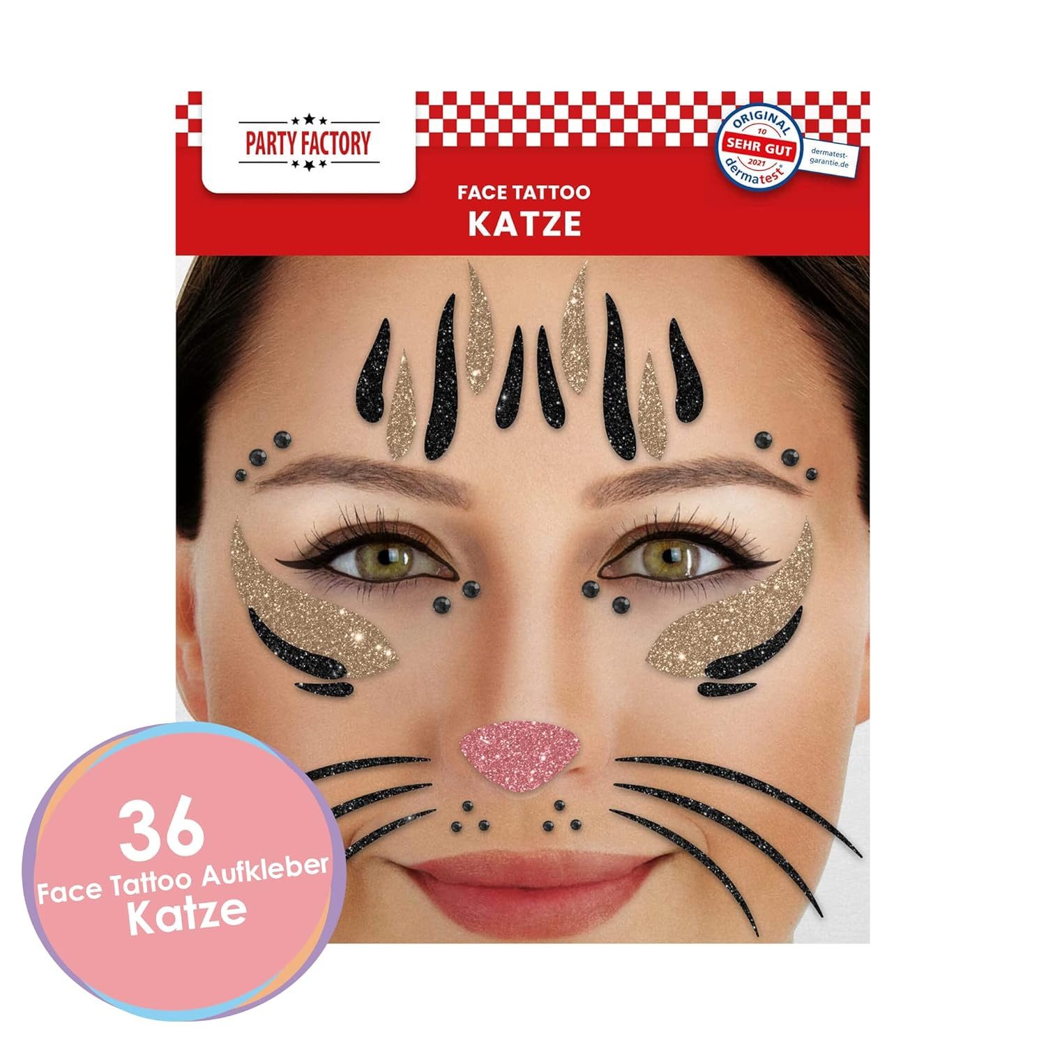 Party Factory Strass-Tattoo Glitter Face Tattoo - Katze für Karneval, Tiermotiv