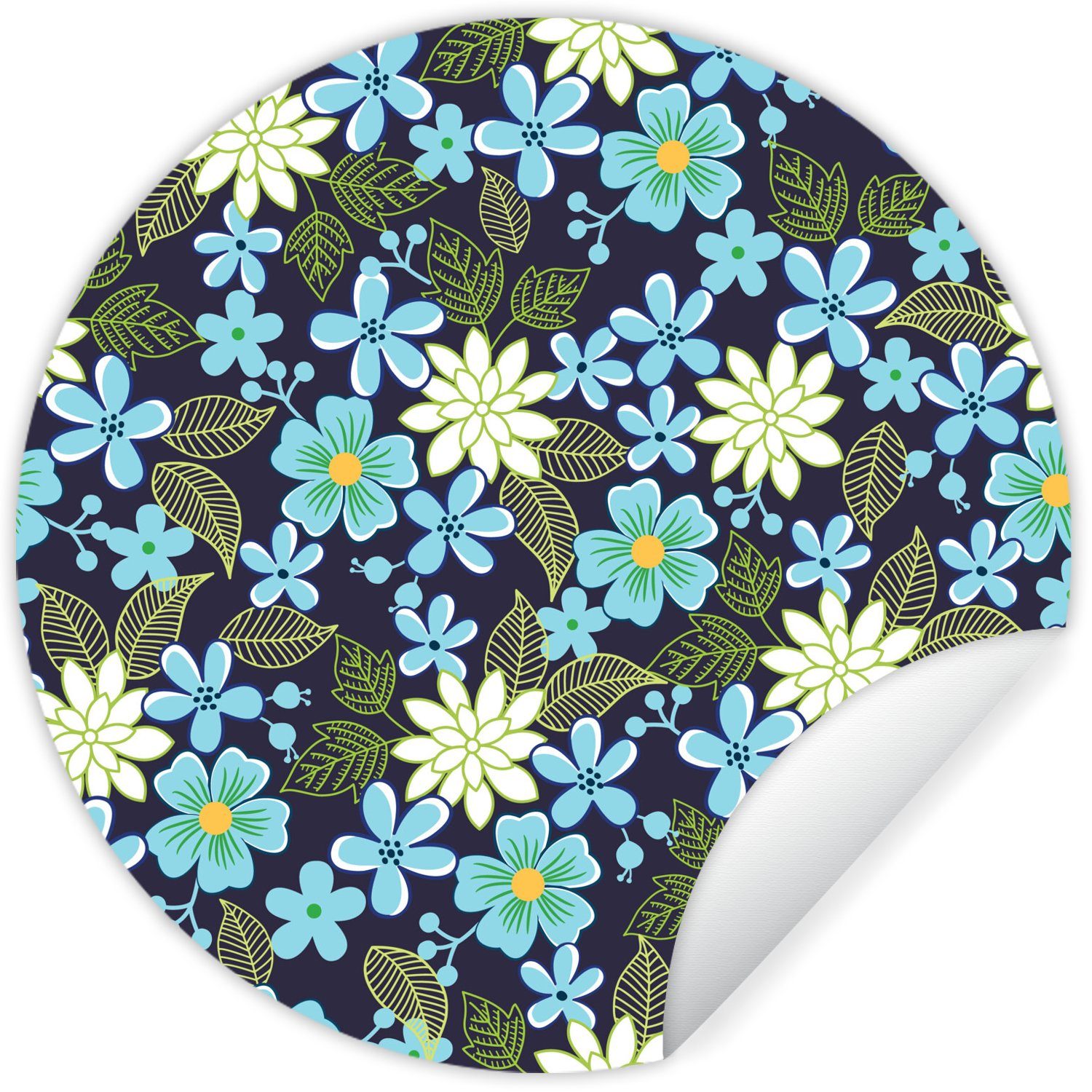 MuchoWow Wandsticker Tapetenaufkleber, St), für (1 Blumen Blau Wohnzimmer - Tapetenkreis - Blätter Rund, Kinderzimmer