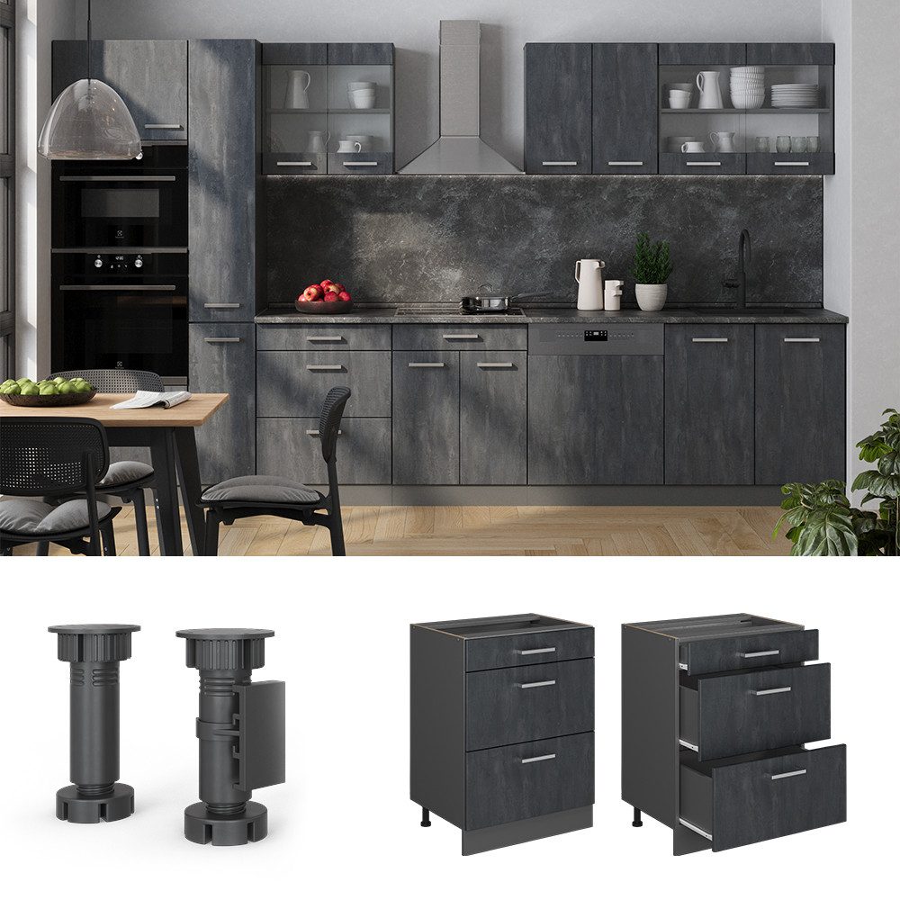 Vicco Unterschrank R-Line, Schwarz Beton/Anthrazit, 60 cm ohne Arbeitsplatte (1-St)