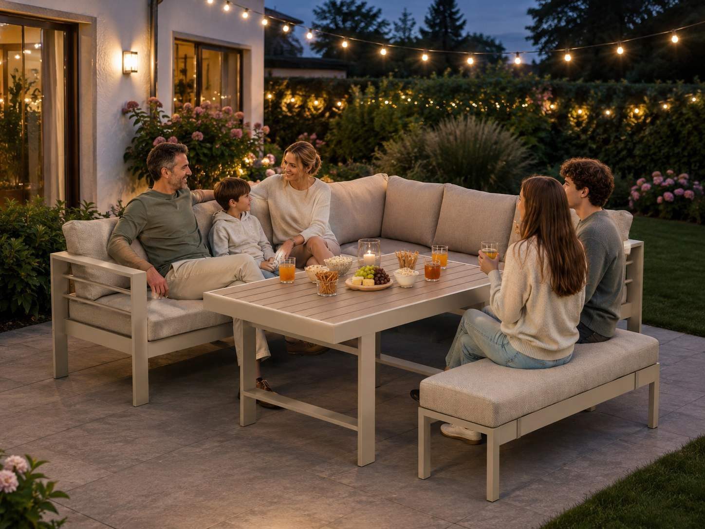 MeXo Gartenlounge-Set XXL Gartenmöbel Set Aluminium für 6-8 Personen, (Dining Loungeset Outdoor, 5-tlg., mit 12 cm dicken Sitzkissen, pflegeleichte Polywood-Tischplatte), wetterfeste Ecklounge mit Esstisch