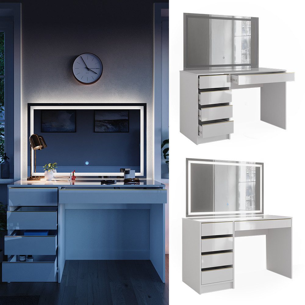 Vicco Schminktisch Sherry, Weiß/Gold, 120 cm mit LED-Spiegel günstig online kaufen