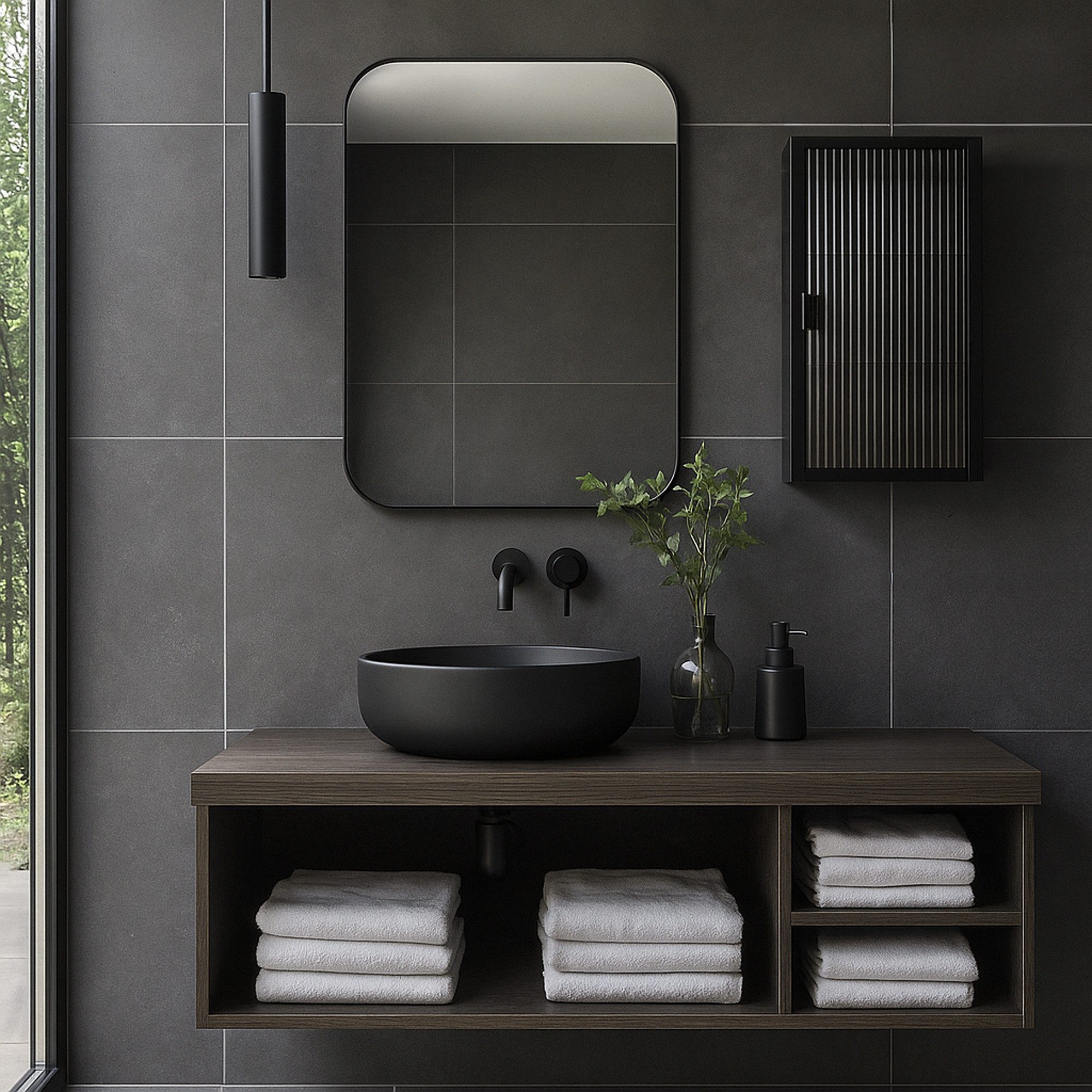 en.casa Hängeschrank »Zundert« 60 x 35 x 15 cm mit geriffelter Glastür Stahl Schwarz – Bild 5 von 5