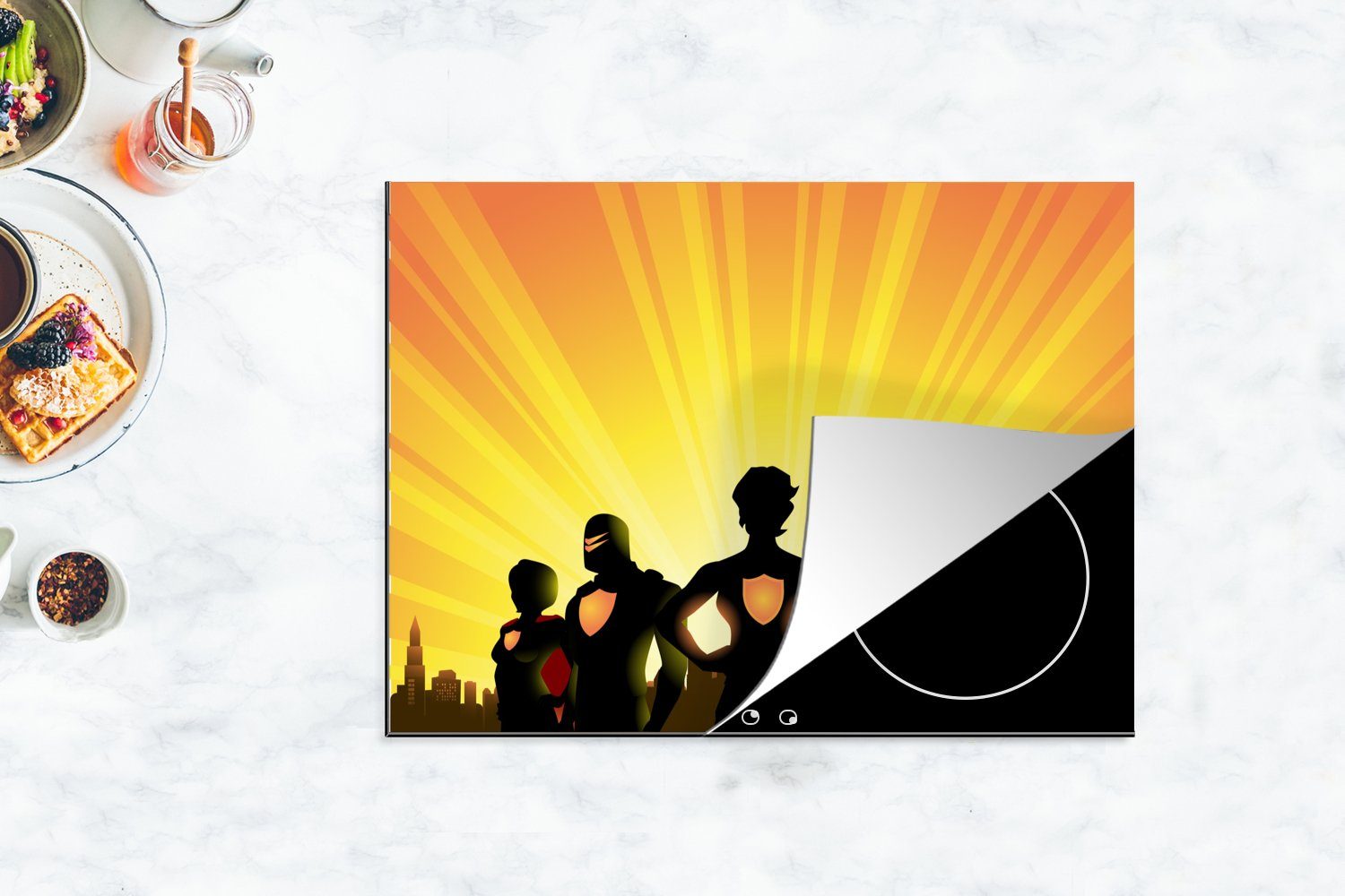 Kinder Silhouetten nutzbar, Vinyl, Skyline, Illustration für (1 Superhelden cm, von Arbeitsfläche Mobile 70x52 MuchoWow tlg), Ceranfeldabdeckung Herdblende-/Abdeckplatte von