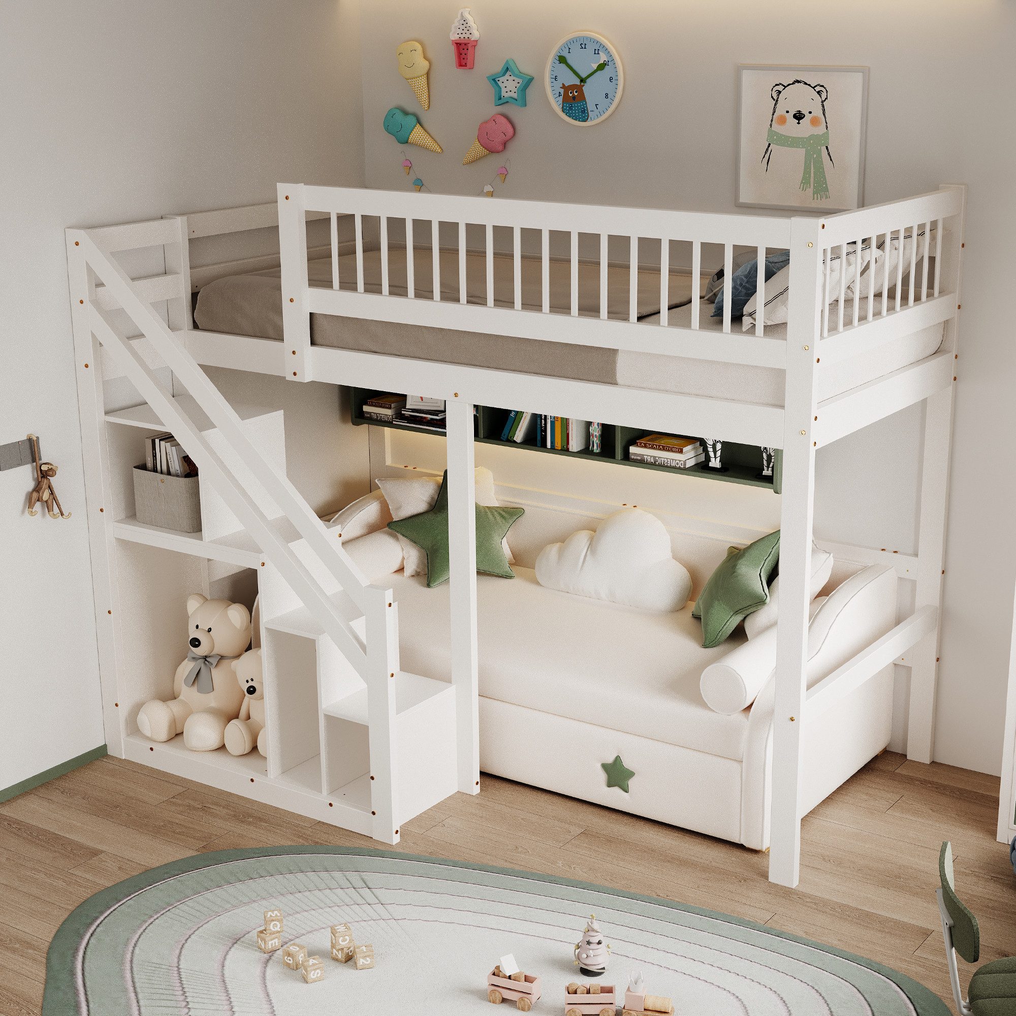 STILVORA Hochbett 90×200 Jugendbett mit Stauraum und Treppe,Kinderbett ohne Matratze (Jugendbett, Einzelbett, Massivholzrahmen, 90x200 cm) ohne Matratze