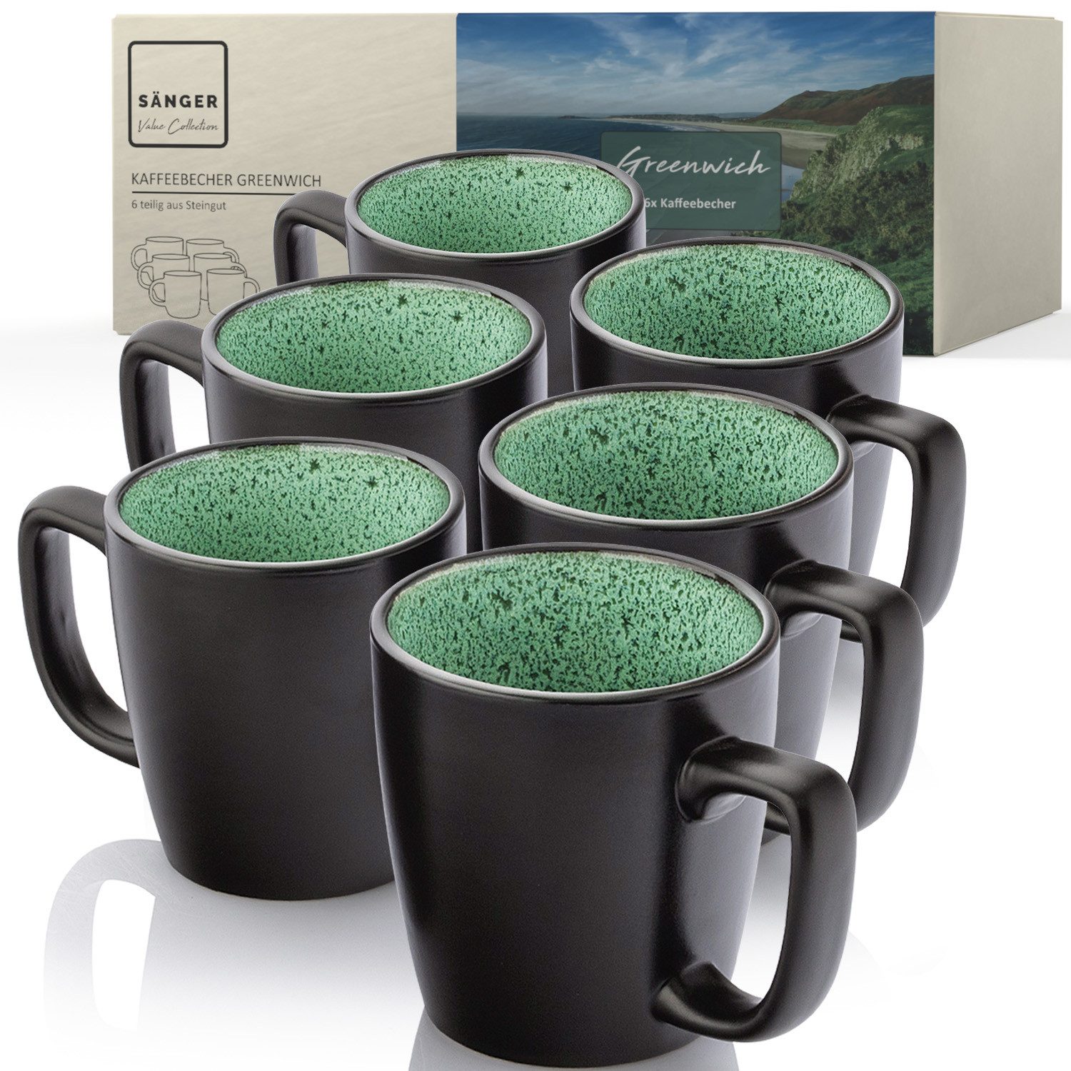 SÄNGER Кружки Greenwich Grün Schwarz, Steingut, 6 tlg. Чашки Set, 430 ml, VALUE COLLECTION