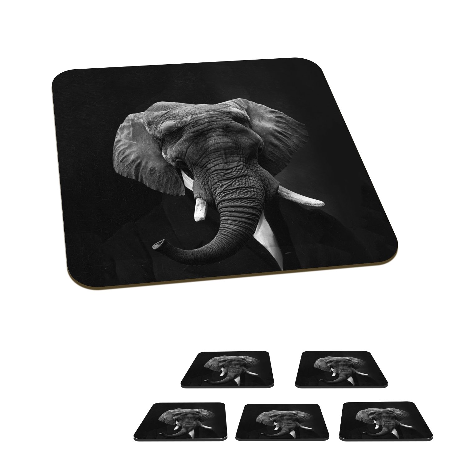 MuchoWow Glasuntersetzer Gemälde - Afrikanischer Elefant - Schwarz - Weiß, Zubehör für Gläser, 6-tlg., Glasuntersetzer, Tischuntersetzer, Korkuntersetzer, Untersetzer, Tasse