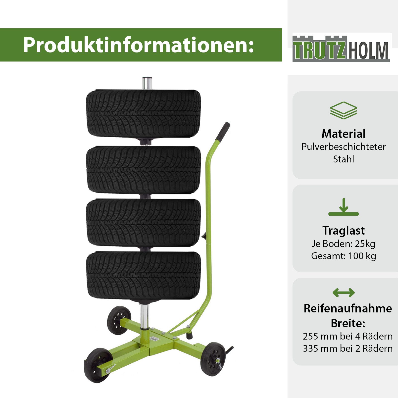 TRUTZHOLM Wheeled Tire Rack Trolley, Single Handle, Tire Stand, Car Tire Cart, Rim Stand for Cars, for 4 Tires, up to 720 mm Tire Width, 1 Piece, Space-Saving