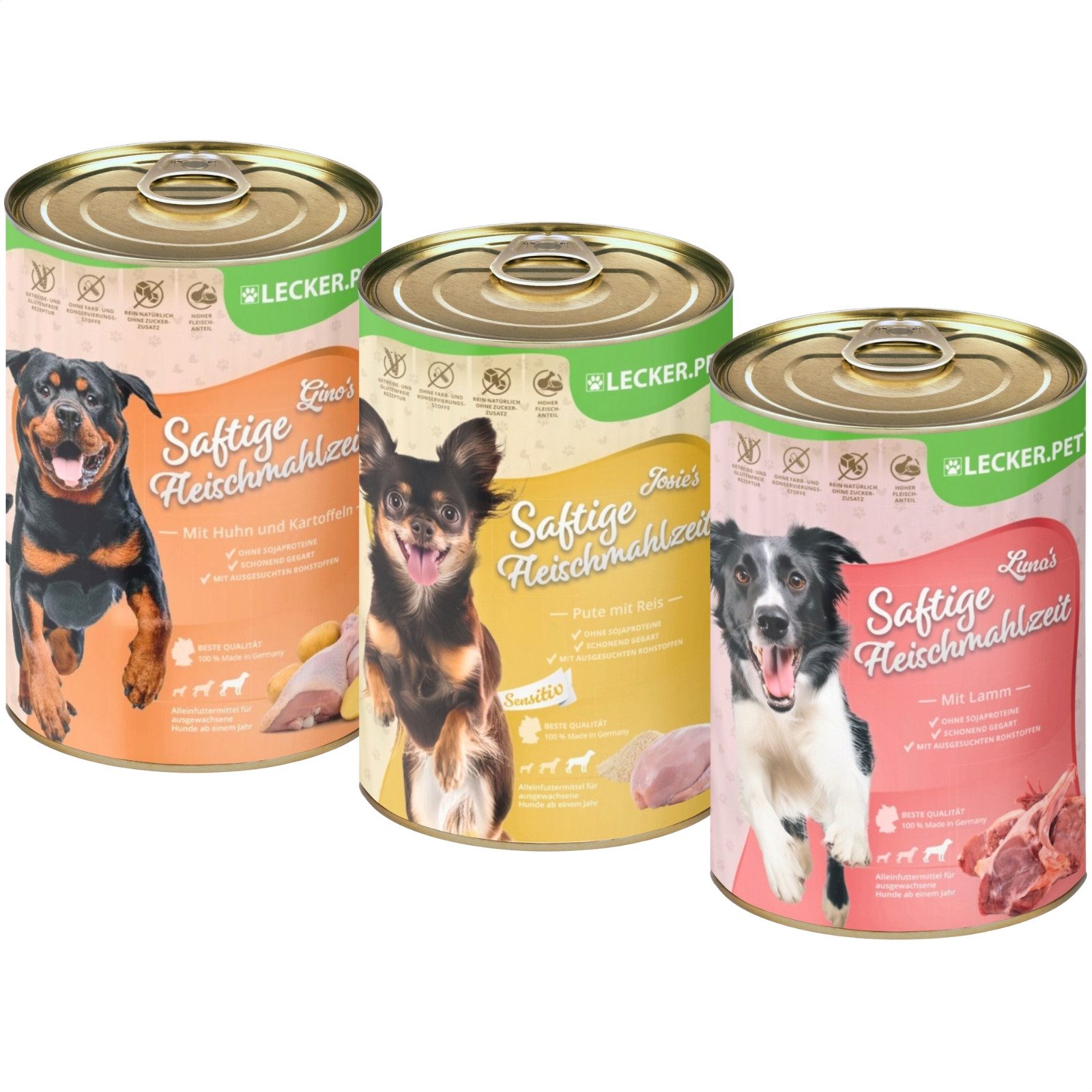Lecker.Pet 18 x 400g Lecker.Pet® Gino's, Josie's & Luna's Saftige Fleischmahlzeit Huhn, Nassfutter für: Hund
