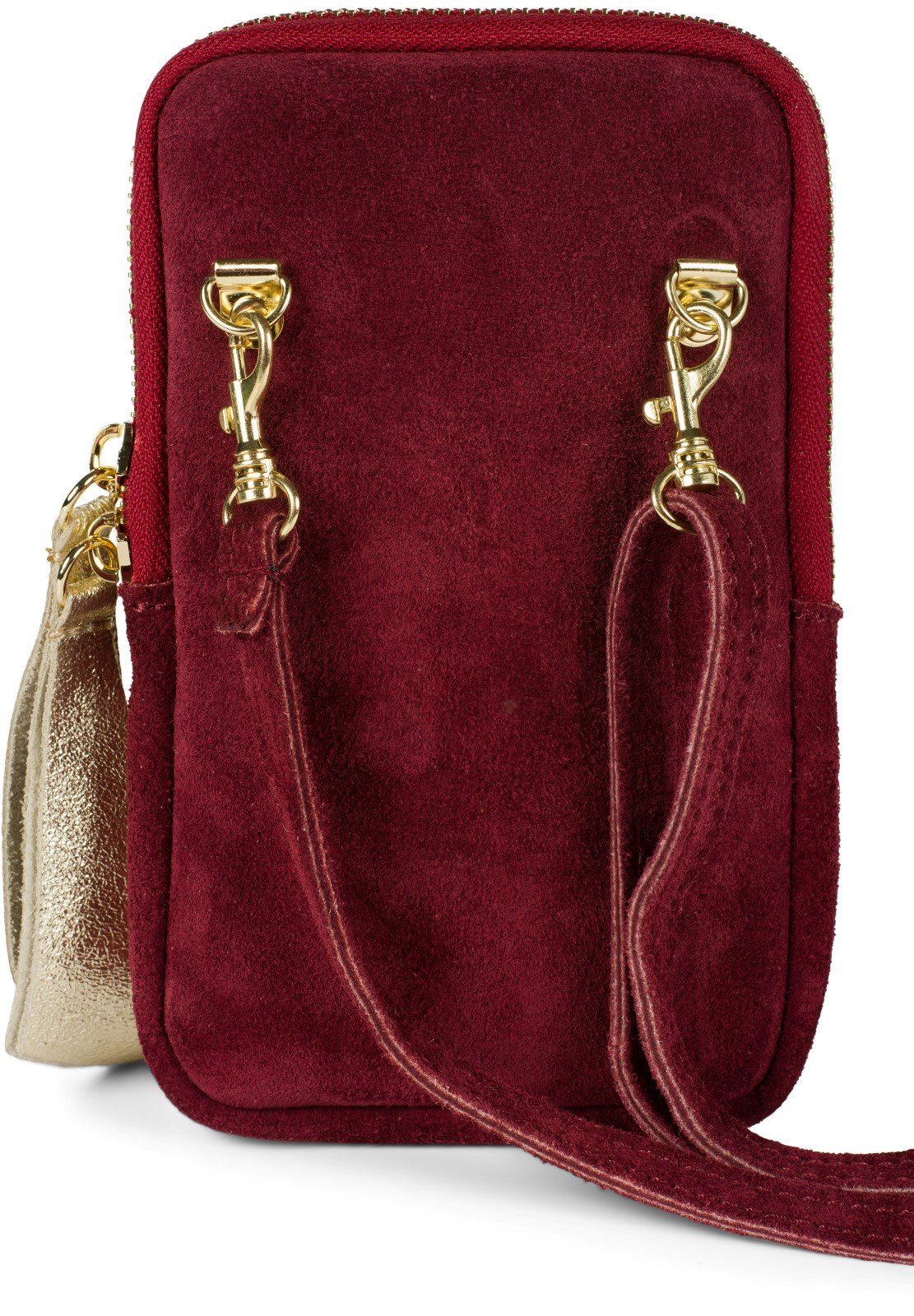 styleBREAKER Mini Bag (1-tlg), Umhängetasche Bordeaux-Rot Echtleder Handy Veloursleder