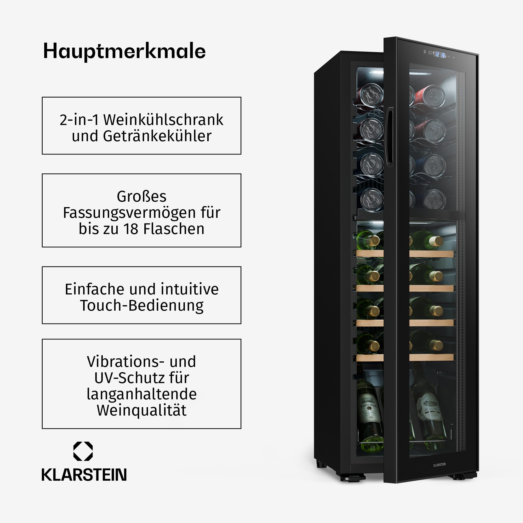 Klarstein Weinkühlschrank Bovella 27 Duo+, für 27 Standardflaschen á 0,75l,2 Zonen Duo Wein Flaschenkühlschrank Weintemperierschrank Getränke – Bild 3 von 5