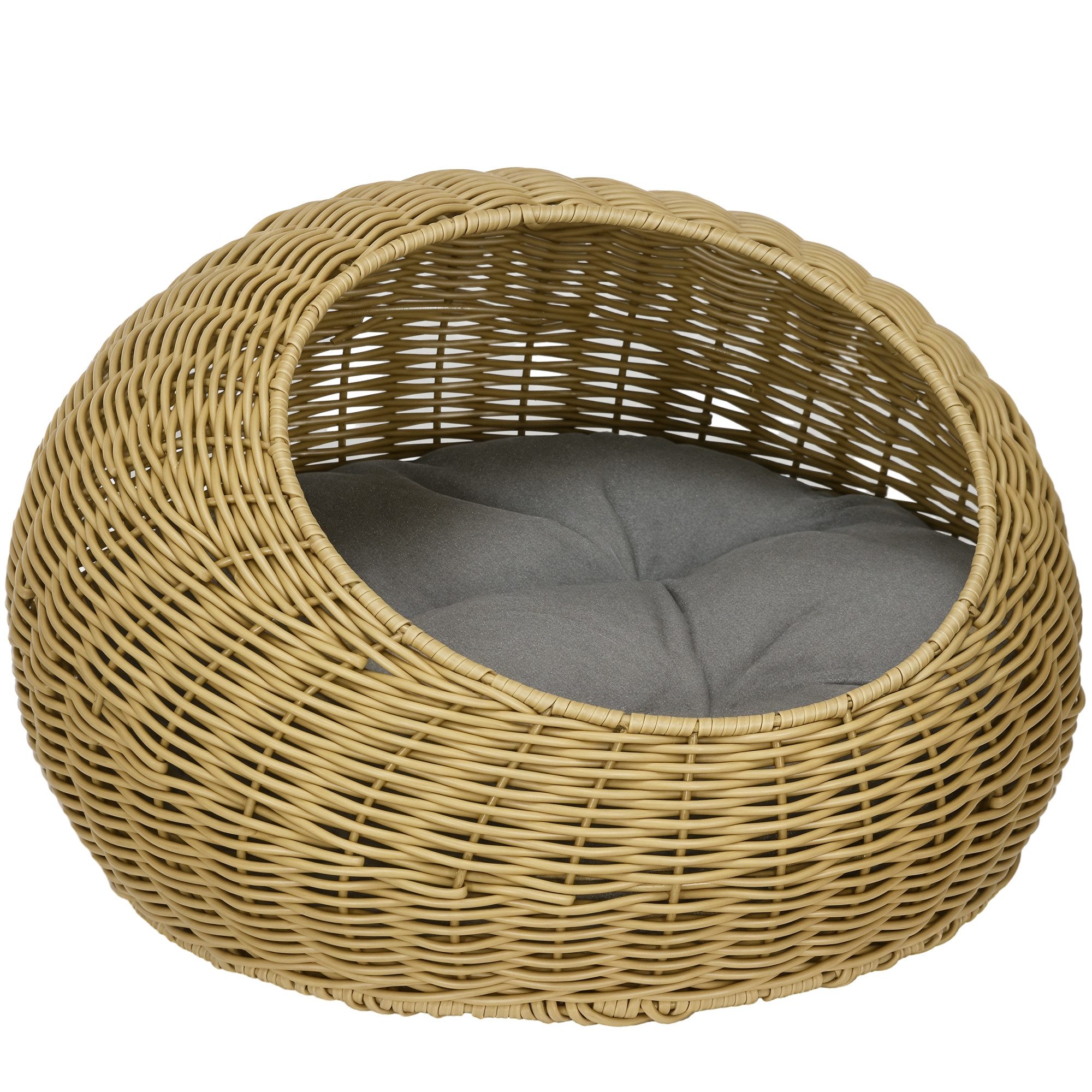 PawHut Tierhaus Haustierbett Katzenhöhle, mit Kissen, für Katzen bis 4 kg, Indoor, PE-Rattan, Ø50 x 31 cm, hellbraun