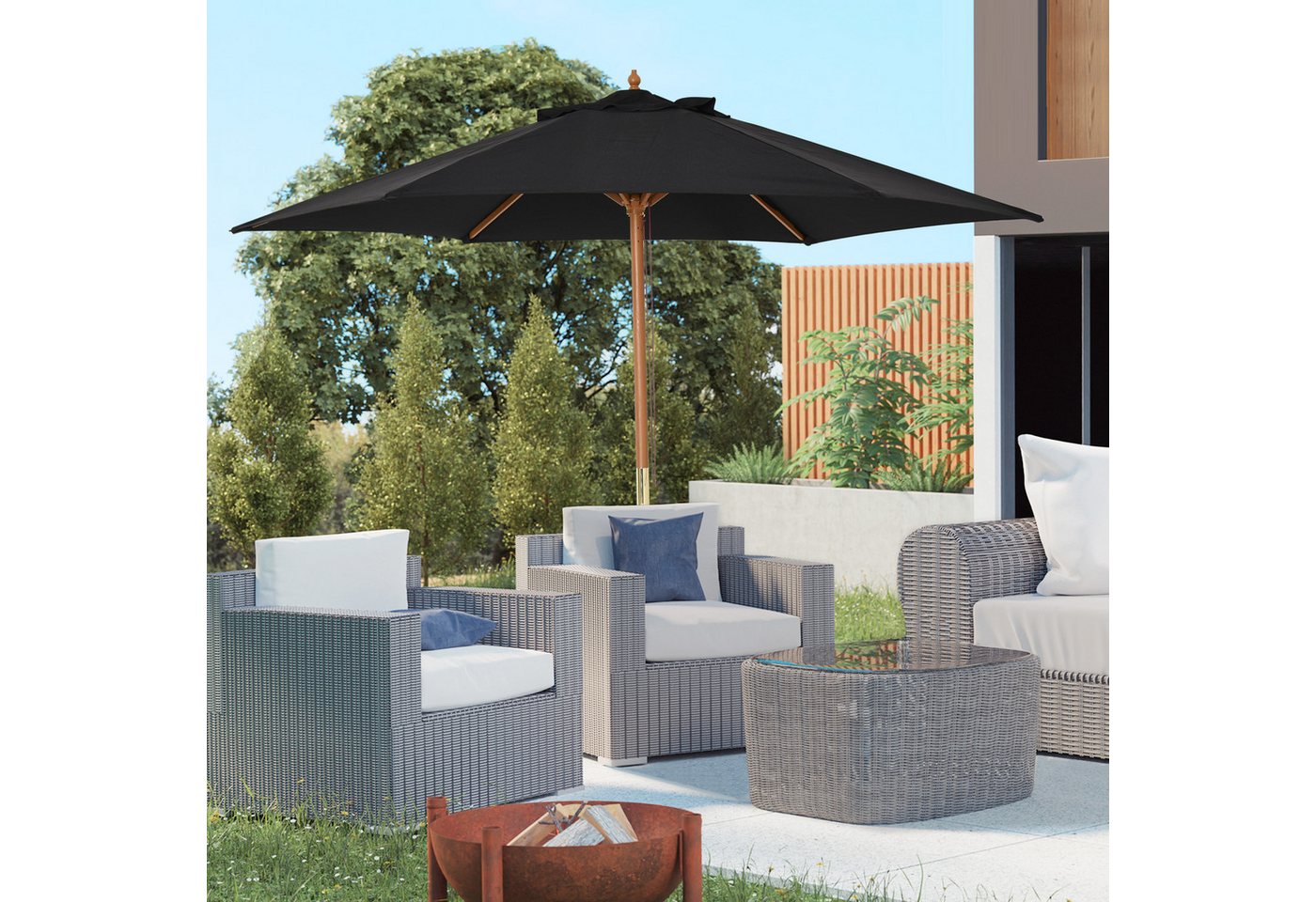 Thumbnail - MC Star Sonnenschirm Gartenschirm 2,5m mit 3-stufigem Sonnenschutz aus Bambus, aus Bambus und Polyester Schwarz für Terr...