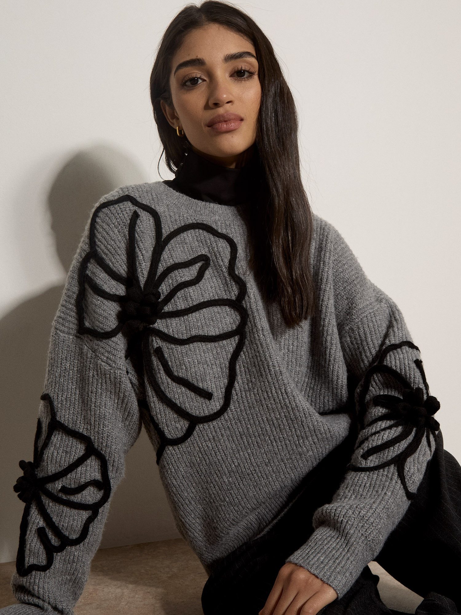 Apricot Strickpullover Florales Oberteil mit Cornelli-Stickerei mit Blumenapplikation