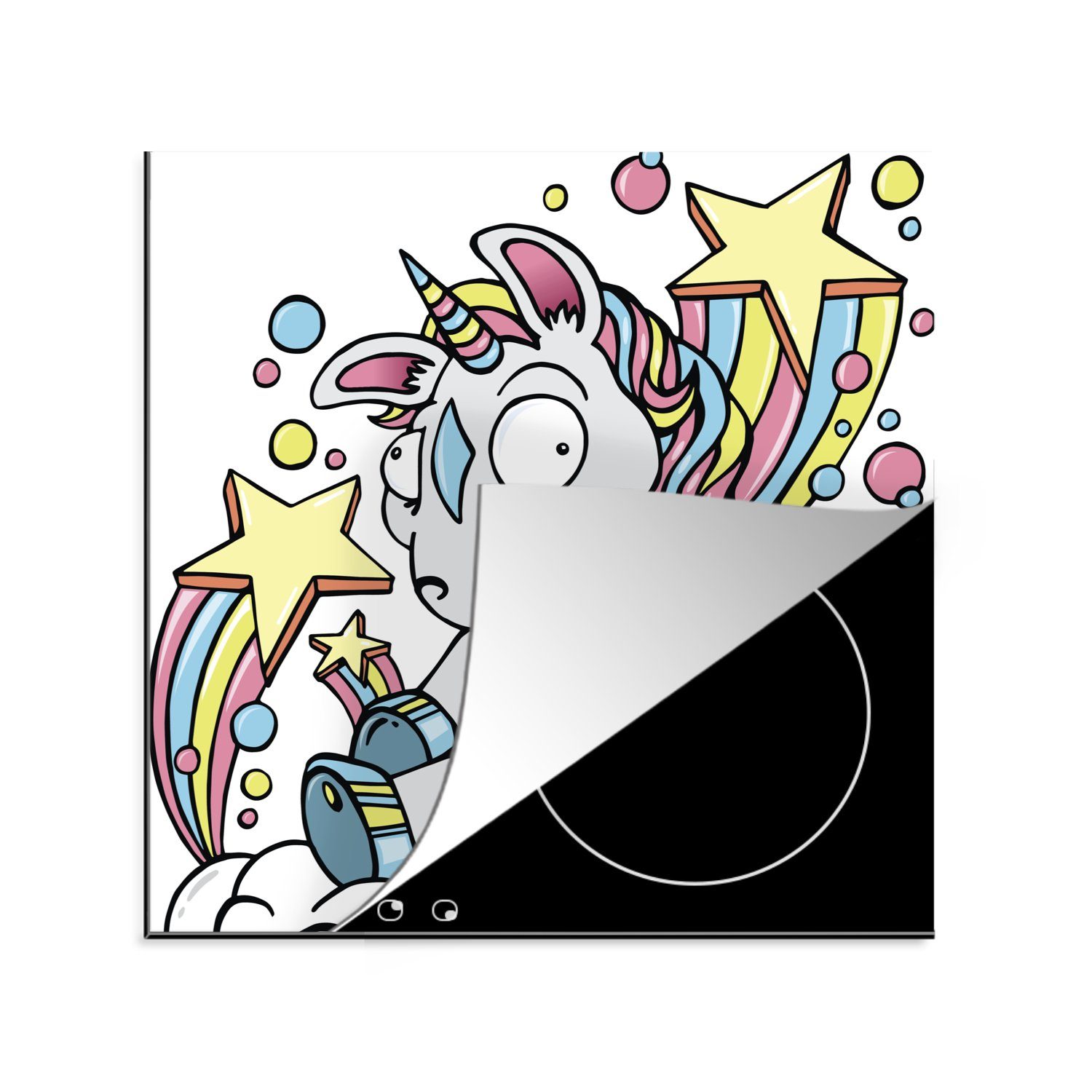 MuchoWow Herdblende-/Abdeckplatte Eine Illustration eines weißen Einhorns auf einer Wolke - Mädchen -, Vinyl, (1 tlg), 78x78 cm, Ceranfeldabdeckung, Arbeitsplatte für küche