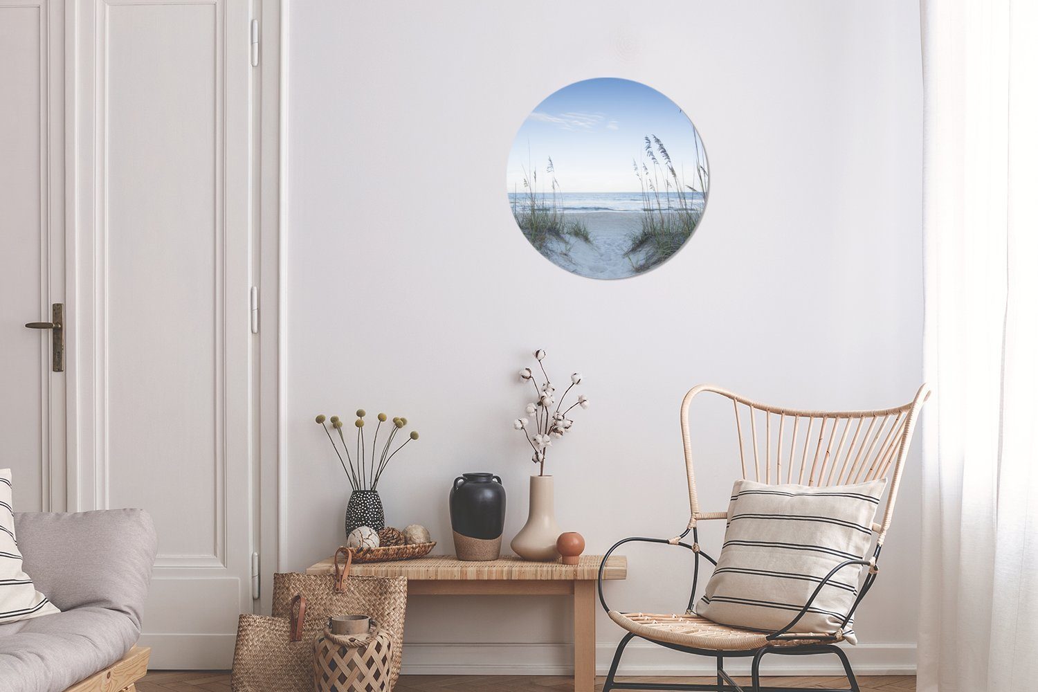 MuchoWow Gemälde Strandhafer Wohnzimmer, Sand 30x30 Rundes Dünen, cm Forex, (1 St), Kreis im wächst Wanddekoration der Wandbild