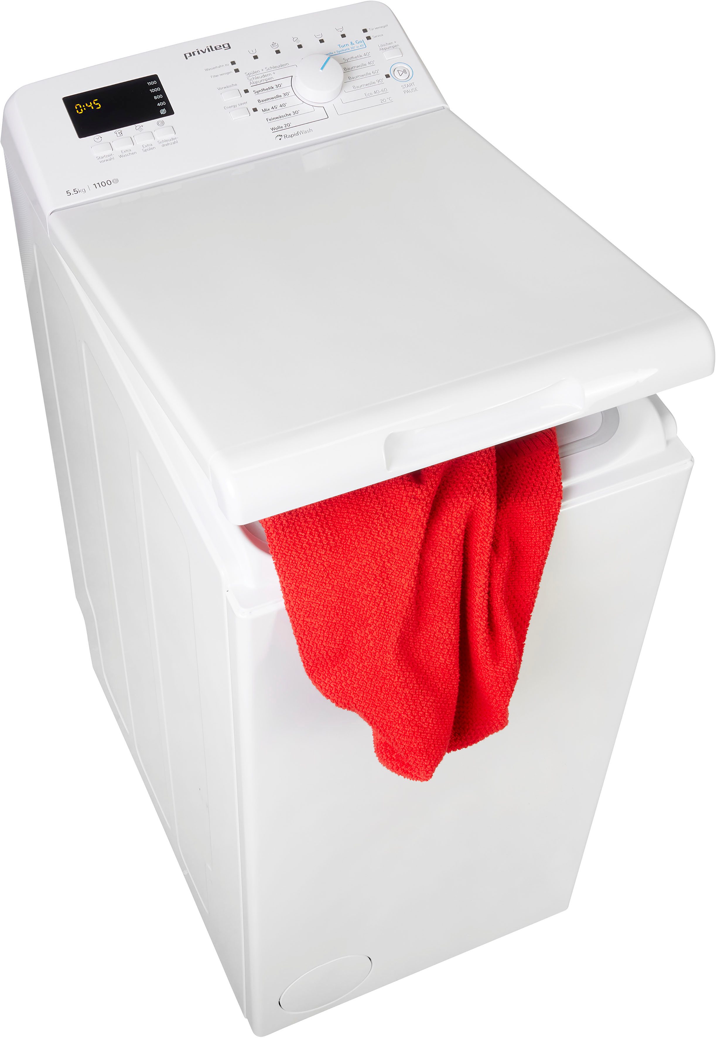 Privileg Waschmaschine Toplader PWT LC55 DE, 5,5 kg, 1100 U/min, Turn&Go, Rapid Wash, Mix 45 min. bei voller Beladung, extra Spülen