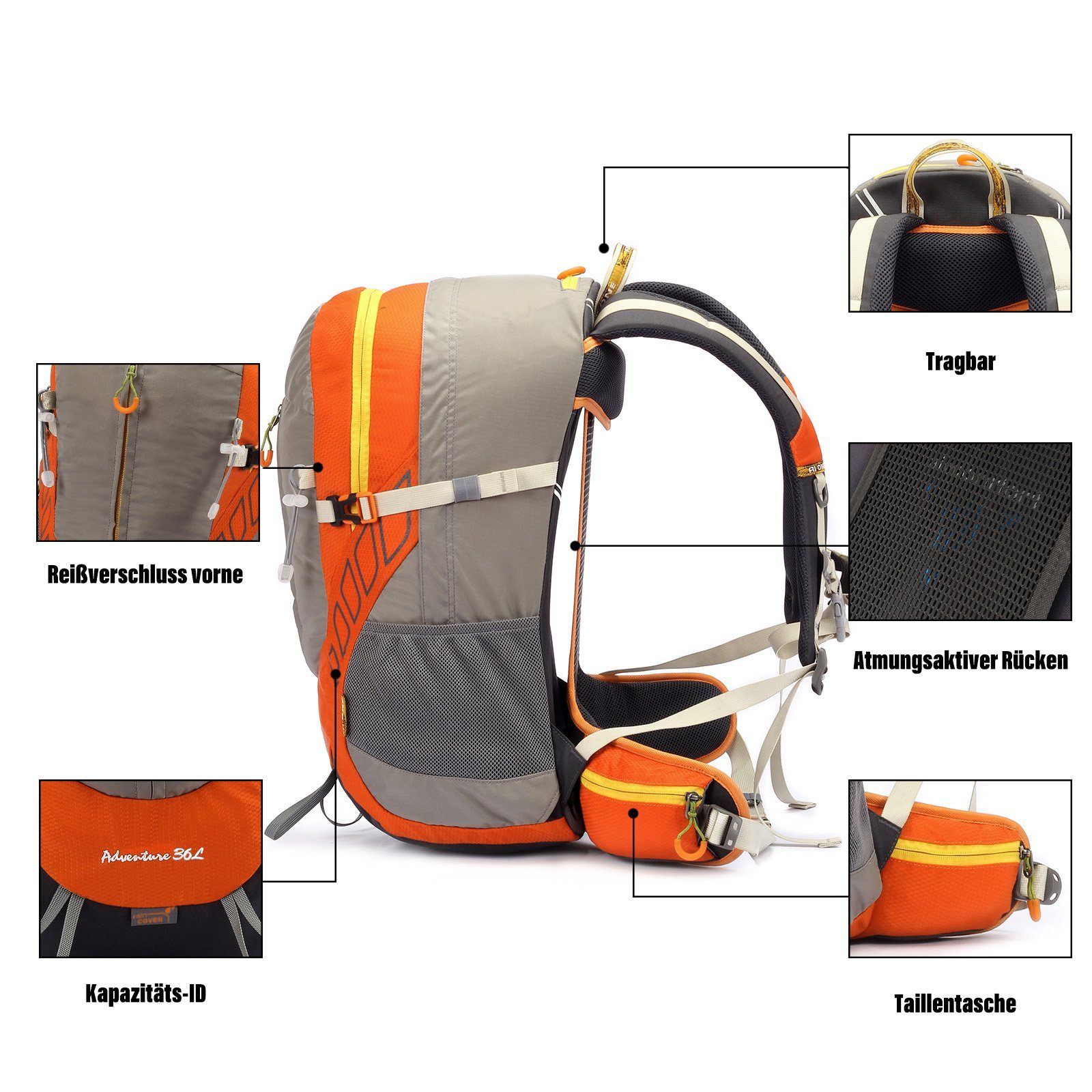 TAN.TOMI Kletterrucksack 36L Camping mit Multifunktionaler Trekking Wanderrucksack, für (Ausgestattet Regenschutz mit Outdoor Orange-Grau 1-Regenabdeckung, Regenschutz), Einschließlich Wasserdicht Großer 1-Rucksack und Reisen