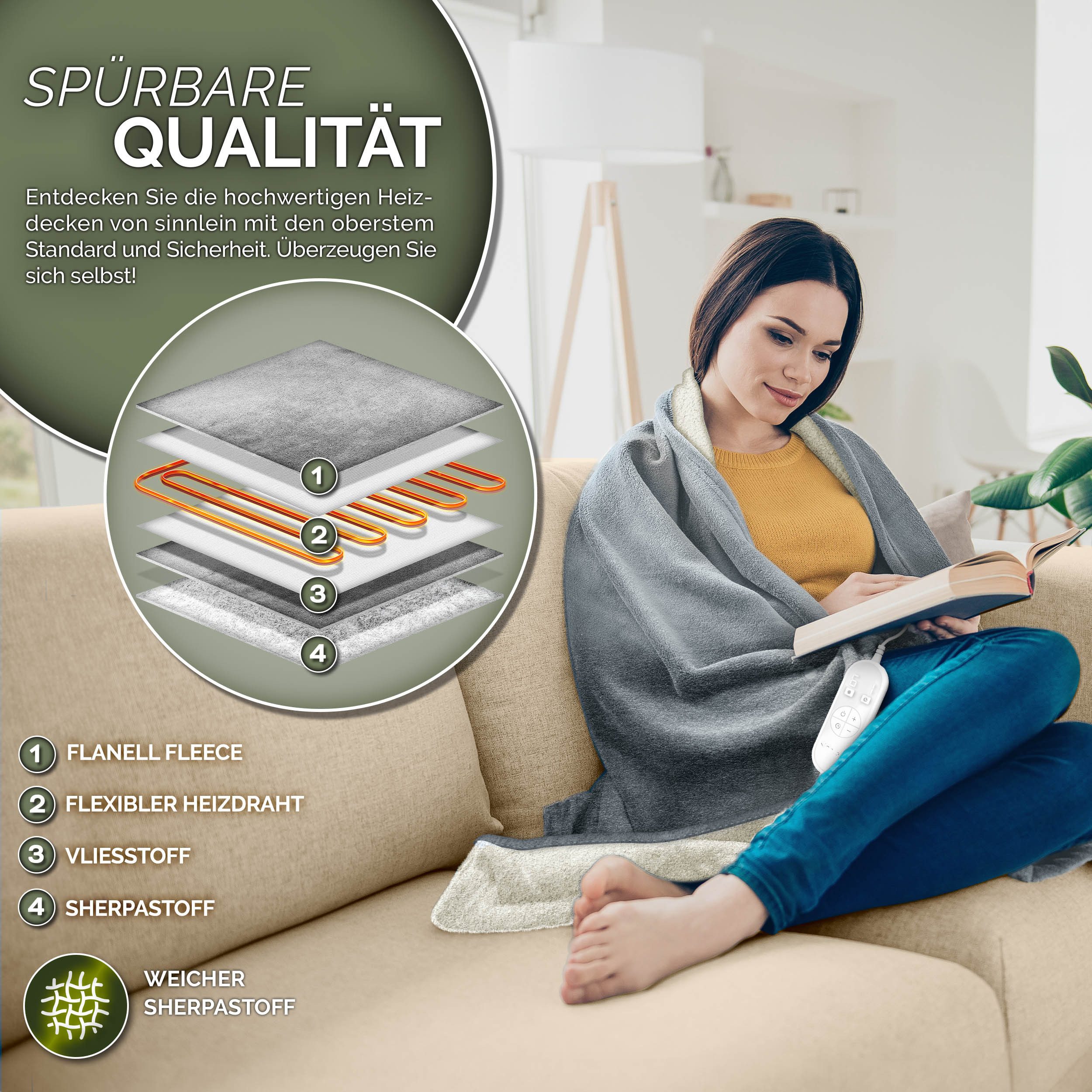 sinnlein Heizdecke mit Abschaltautomatik Elektrische Wärmedecke, mit 9 Temperaturstufen Kuscheldecke Bett, Sofa, Decke elektrisch mit Timer Digitalanzeige, 9 Temperaturstufen