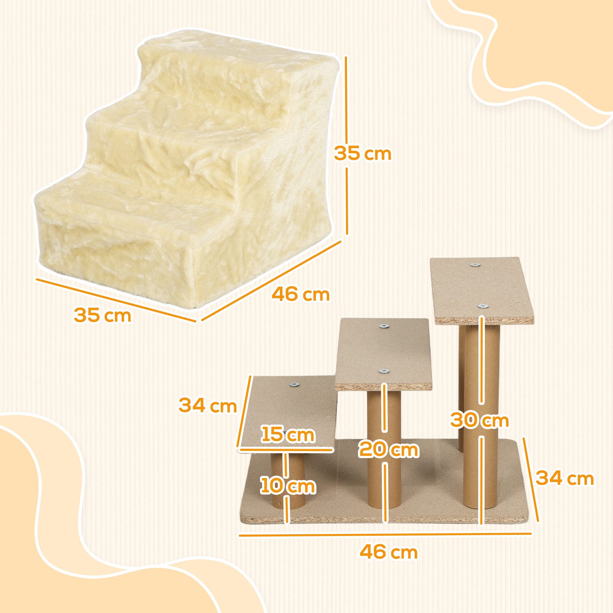 PawHut Haustiertreppe 3 Stufen Hunderampe für Kleine Hunde mit Waschbar Bezug (Katzentreppe, 1-St., Hundetreppe), Beige, 46 x 35 x 35 cm