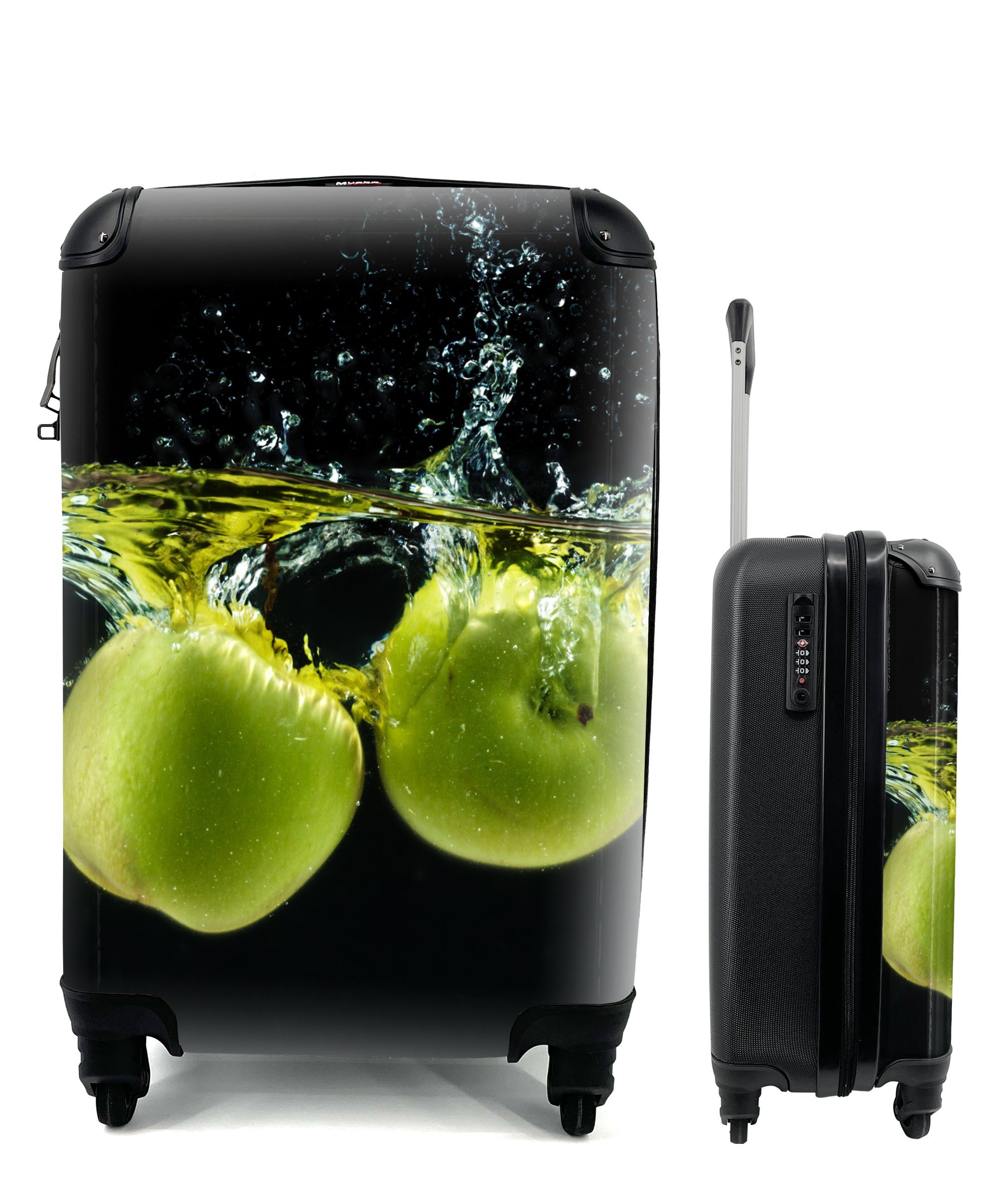MuchoWow Handgepäckkoffer Äpfel - Obst - Wasser - Schwarz - Grün, 4 Rollen, Reisetasche mit rollen, Handgepäck für Ferien, Trolley, Reisekoffer