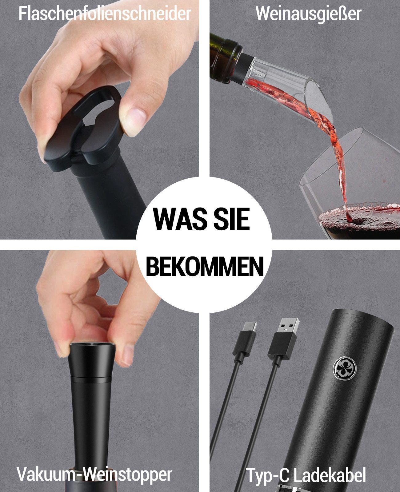 Quntis Korkenzieher Elektrischer Korkenzieher – 7 Sekunden, Weinflaschenöffner, (Set, 2 tlg., 5-teiliges), Elektrischer Korkenzieher Wiederaufladbar, Flaschenöf – Bild 3 von 5