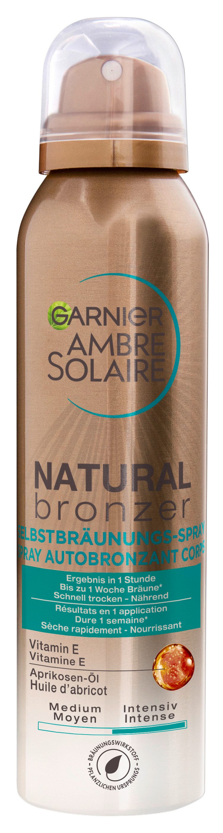 GARNIER Selbstbräunungsspray AMBRE SOLAIR NATURAL BRONZER, mit Aprikosen-Extrakt, für Gesicht und Körper, zieht schnell ein