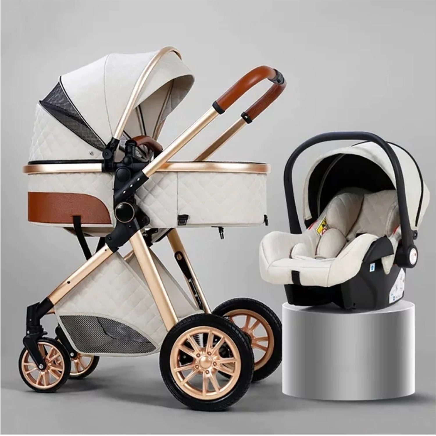 TPFFamily Kombi-Kinderwagen Babyschale Baby Buggy Babywanne Windeltasche, Moskitonetz Regenschutz Kinderwagen 3 in 1 inkl. Zubehörset Weiß