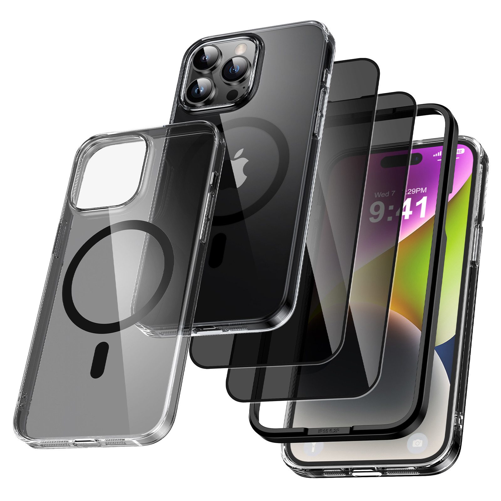 Joysaf Smartphone-Hülle 5 in 1 Handyhülle und Panzerglas für iPhone 16 Pro Max/ iPhone 16 Pro/ iPhone 16 Plus/ iPhone 16/ iPhone 15 Pro Max/ iPhone 15 Pro/ iPhone 15 Plus/ iPhone 15, Wireless-Charging kompatibel, Transparent Case, Vergilbt nicht.