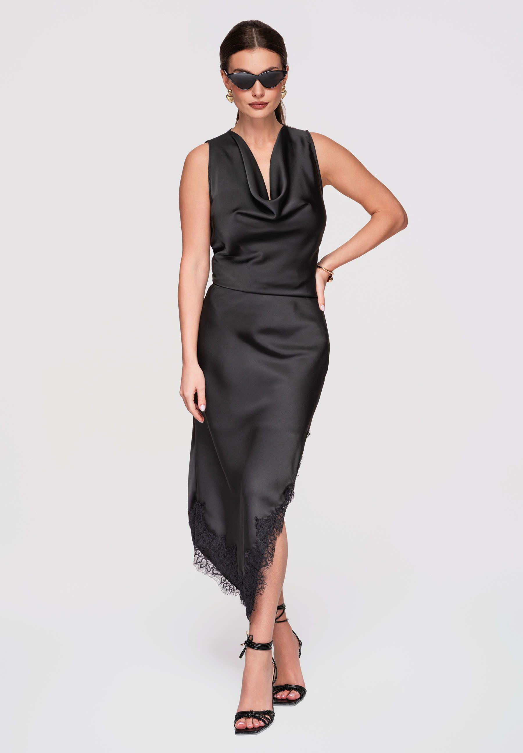 OMBRE Midirock Midi Rock Asymmetrisch Spitze Cocktail Schwarz S (kein Set, 1-tlg) Asymmetrischer Saum, Spitze