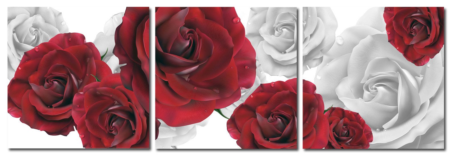 Haus und Deko Wandbild Wandbild Holzrahmen 3-teiliges -Set rote weiße Rosen Wassertropfen, Rosen (3 St)
