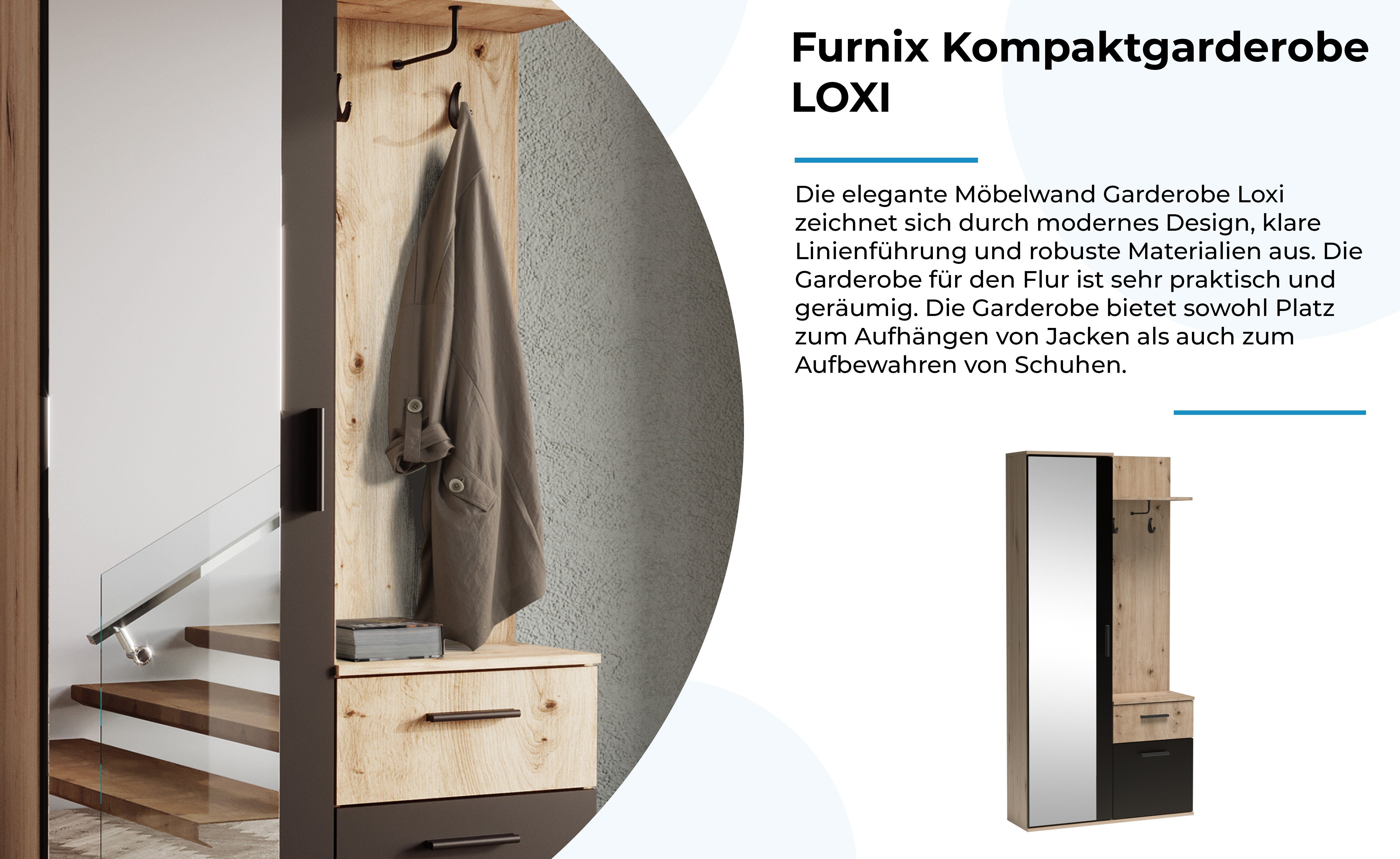 Hutablage Kompaktgarderobe LOXI Garderobe Artisan/Schwarz Furnix Schublade, mit Schuhschrank, platzsparend multifunktional Spiegel, Schrank,