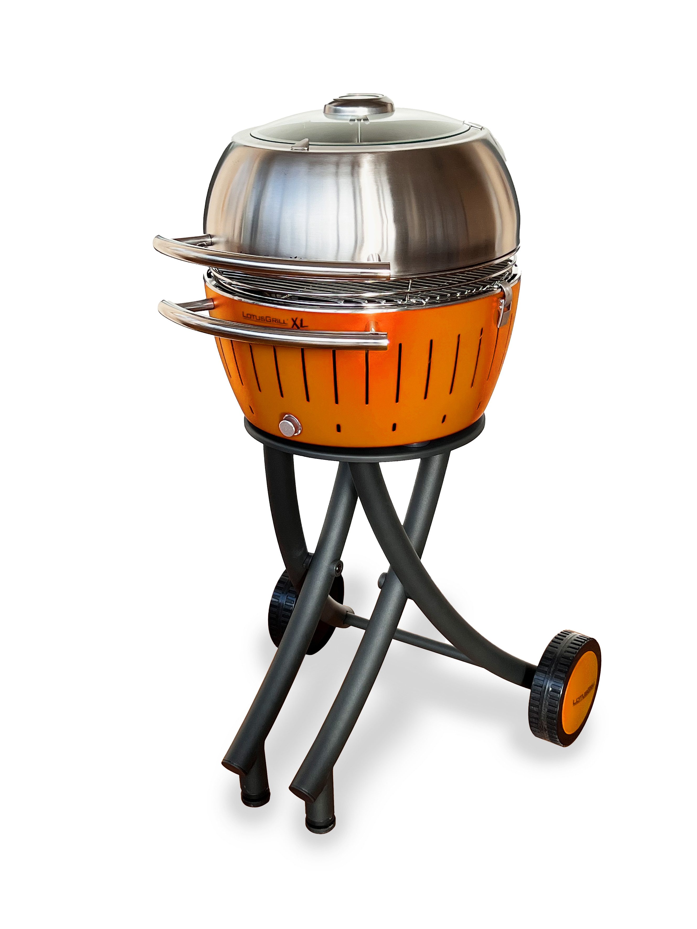 LotusGrill Holzkohlegrill LotusGrill XL Gartengrill Set Mandarinenorange - Grillwagen/- haube XL