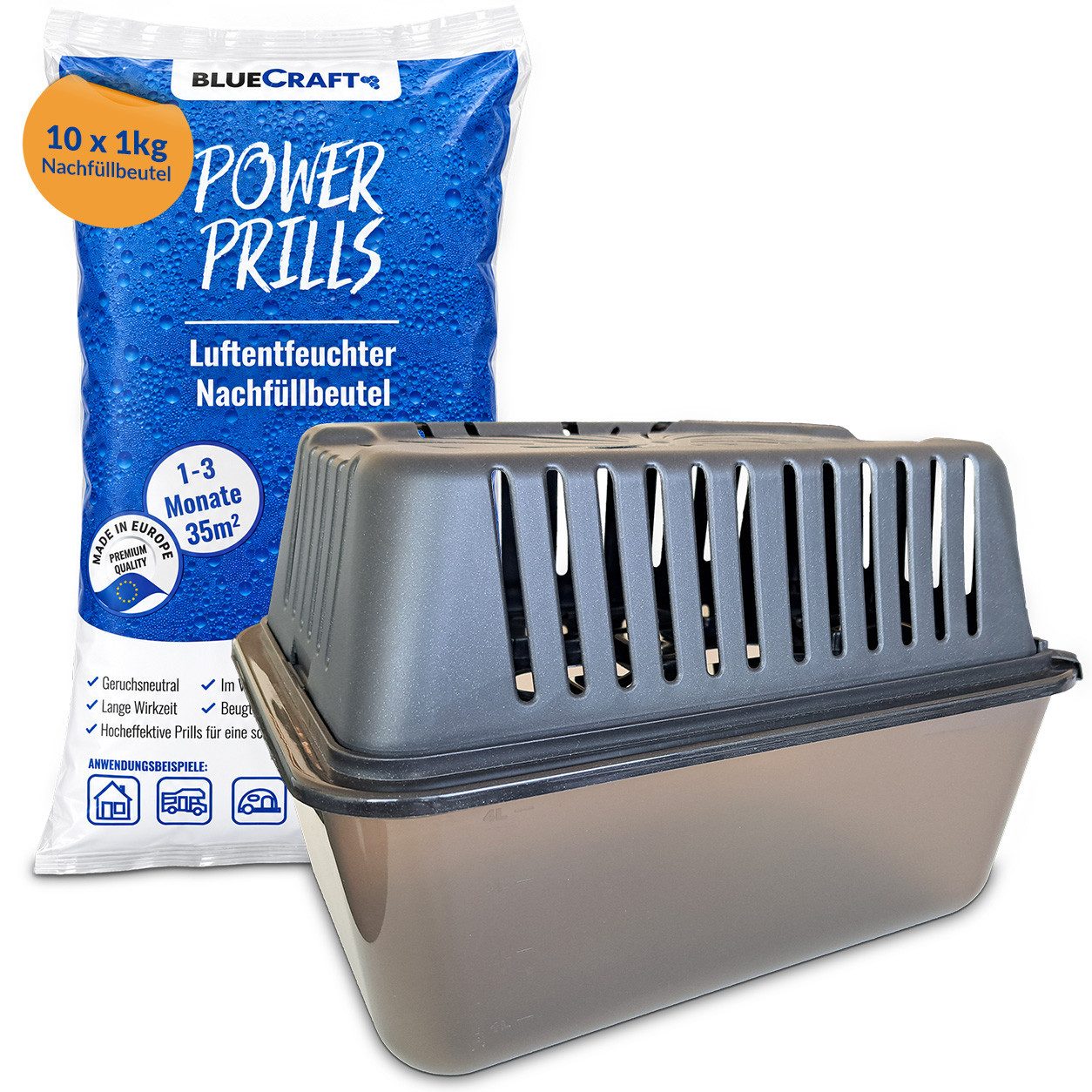 BlueCraft Luftentfeuchter Nachfüllpack Granulat Box Raumenfeuchter + 10x 1kg Granulat Vliesbeut, ohne Strom Nachfüller gegen Schimmel Schlafzimmer Wohnung