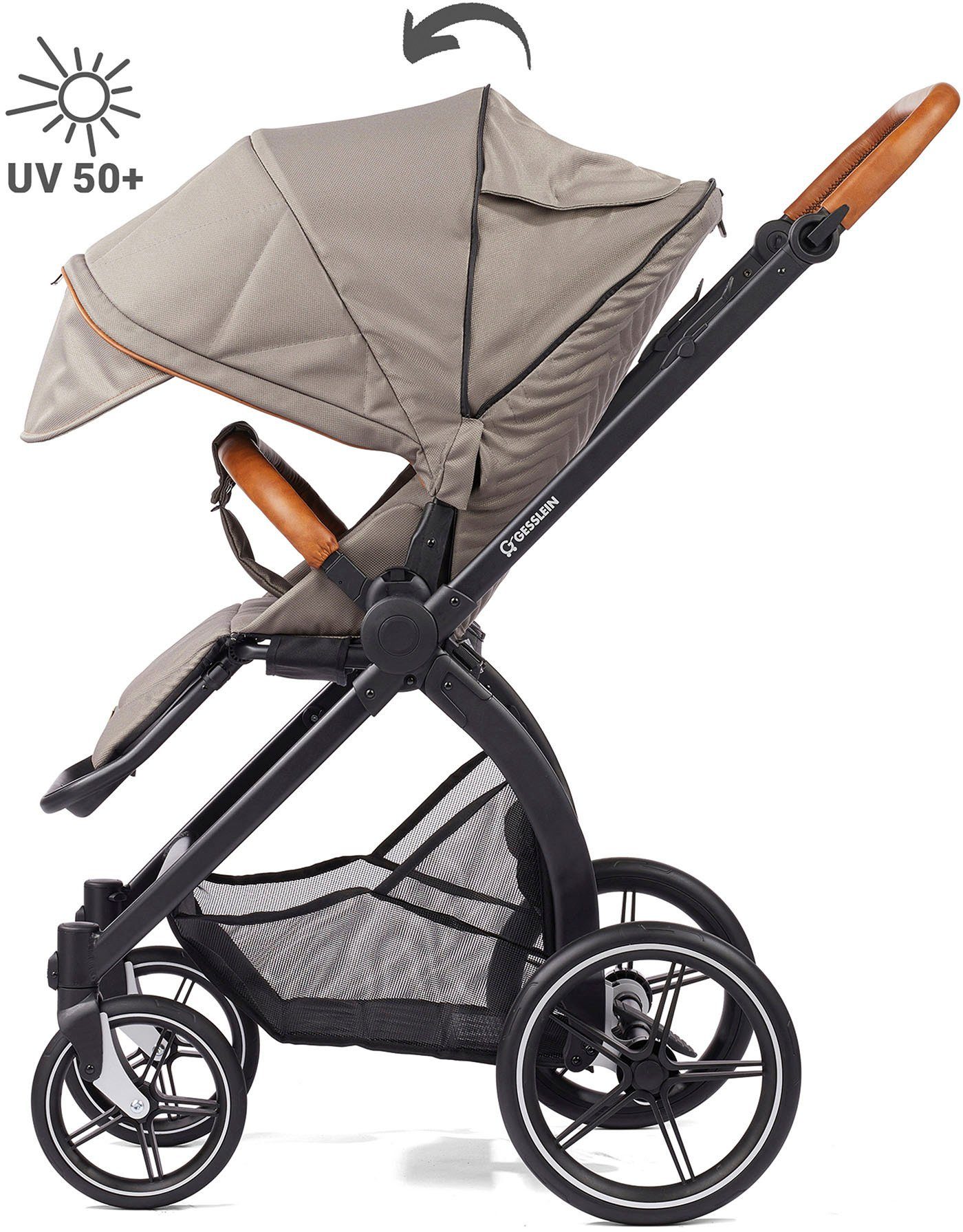 Gesslein Kombi-Kinderwagen FX4 mit und Soft+ Babywanne C3 taube/cognac, mit Aufsatz Babyschalenadapter Style