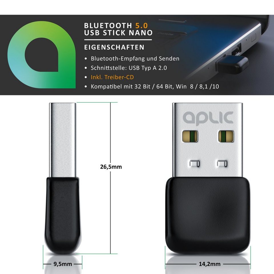 CSL Bluetooth®-Sender, USB Bluetooth Stick, BT V5.0, Adapter, Dongle, für  PC Laptop, 3 Mbit/s