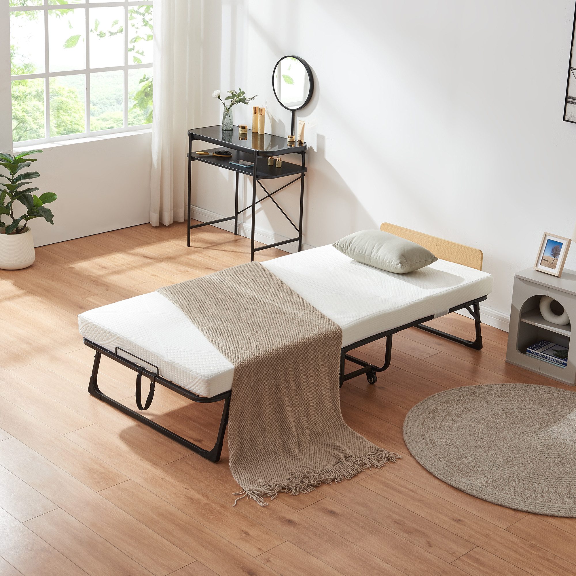 en.casa Klappbett mit Matratze »Lustendi« 200x90cm rollbar Schwarz/Eicheoptik