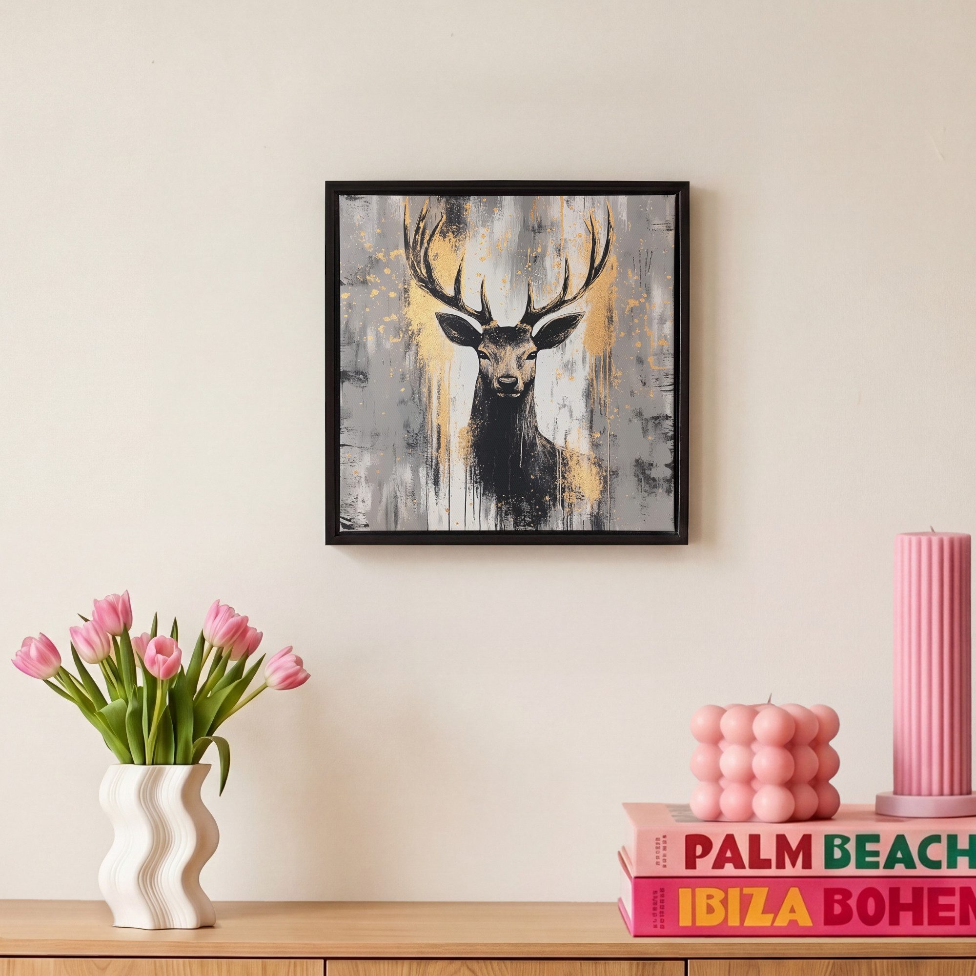 OneMillionCanvasses® Leinwandbild mit Rahmen - Abstrakt - Hirsch - Geweih - Gold, Fotodruck (1 St), Leinwand Bilder Klein, Wand Dekoration Aesthetic 20x20cm – Bild 4 von 5